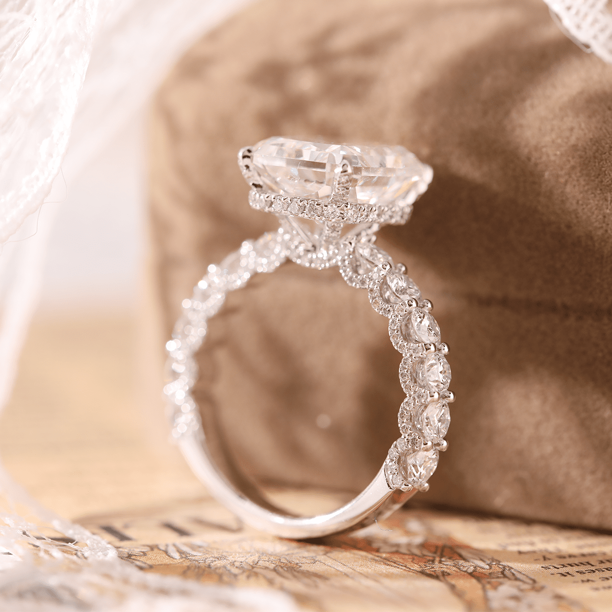 14K White Gold 5.5ct Radiant Cut Lab Diamond Engagement Ring with Hidden Halo and 2/3 Pave Band - FIORESE JEWELRY