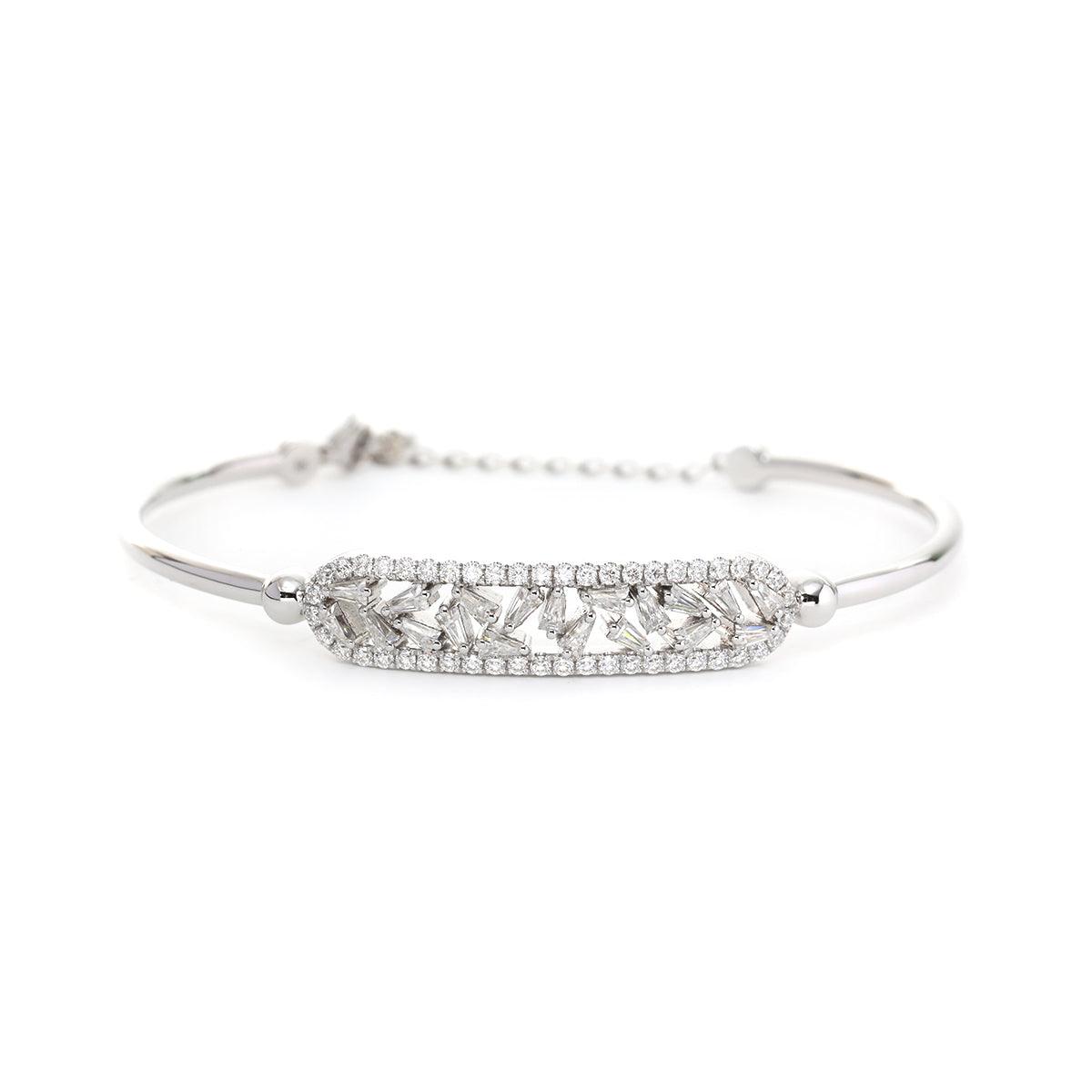 14K White Gold Cuff Bangle Bracelet with Tapered Baguette Cut and Round Cut Diamonds - FIORESE JEWELRY