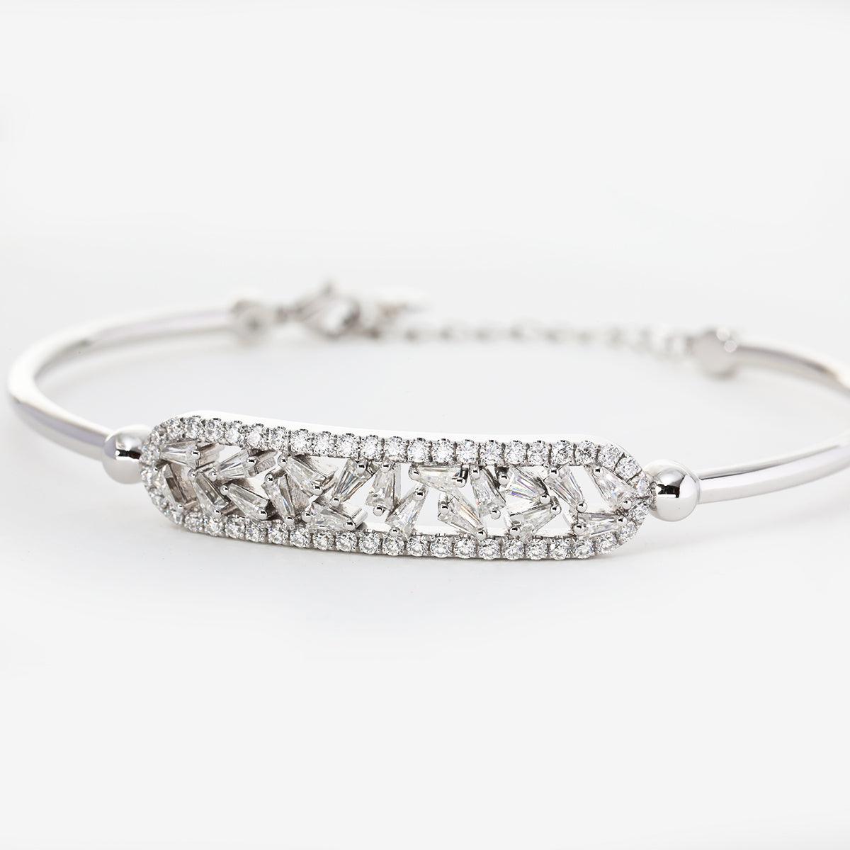 14K White Gold Cuff Bangle Bracelet with Tapered Baguette Cut and Round Cut Diamonds - FIORESE JEWELRY