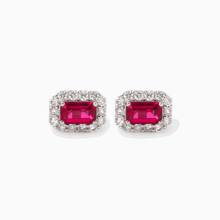 14K White Gold Emerald Cut Ruby Lab Diamond Halo Stud Earrings - FIORESE JEWELRY