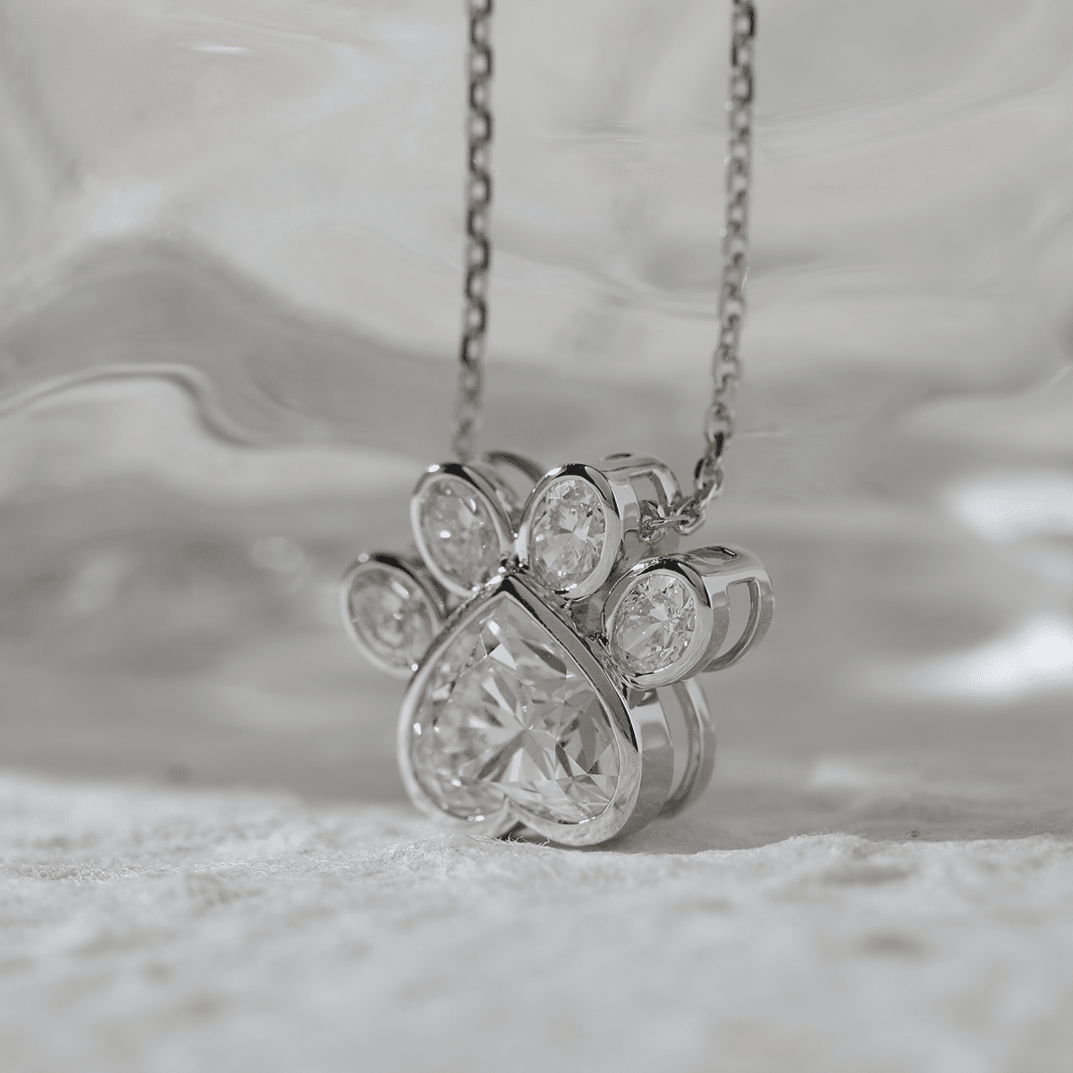 14K White Gold Heart Shaped and Oval Lab diamond Bella Paw Bezel Pendant Necklace - FIORESE JEWELRY