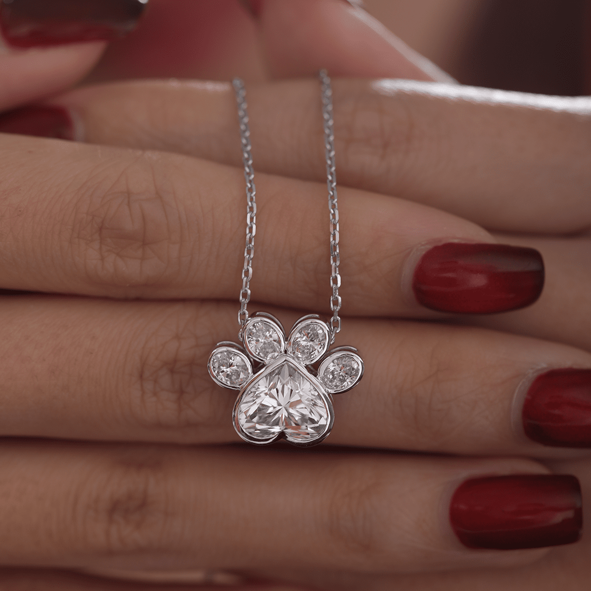 14K White Gold Heart Shaped and Oval Lab diamond Bella Paw Bezel Pendant Necklace - FIORESE JEWELRY