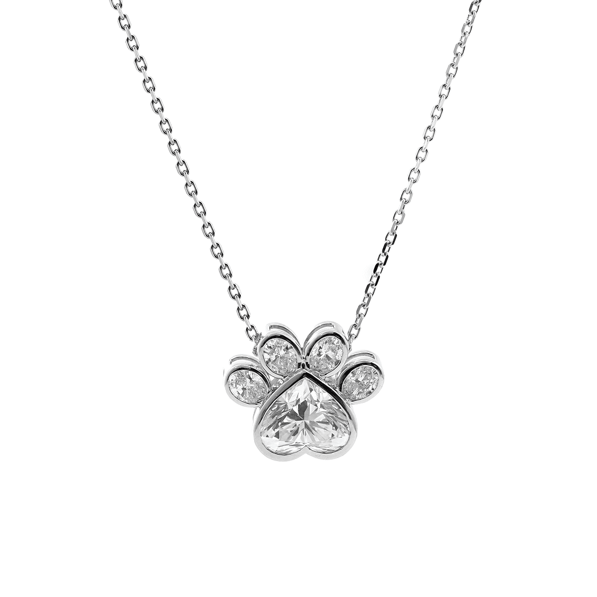 14K White Gold Heart Shaped and Oval Lab diamond Bella Paw Bezel Pendant Necklace - FIORESE JEWELRY
