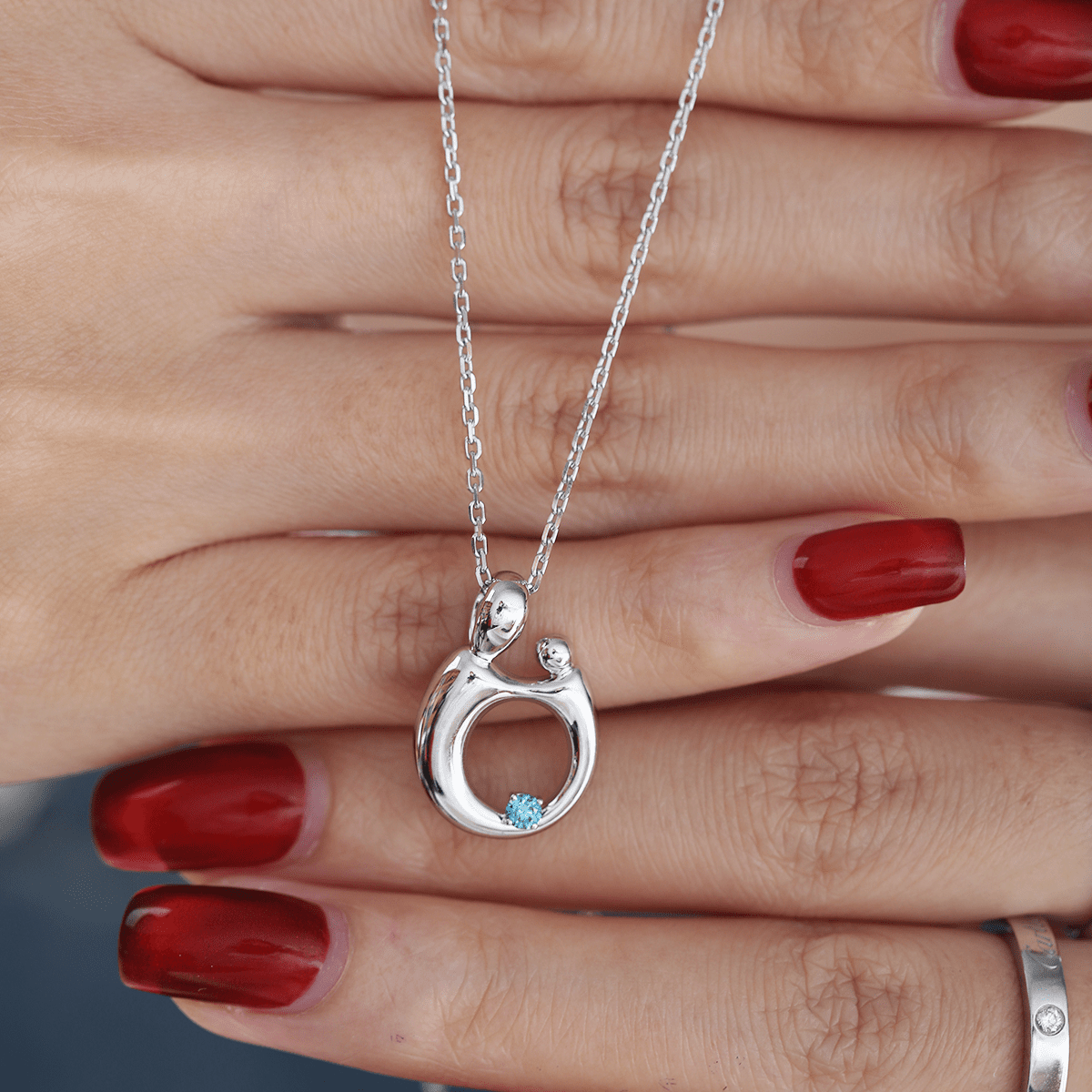14K White Gold Mother and Child Pendant Necklace with Blue Round Lab Diamond - FIORESE JEWELRY