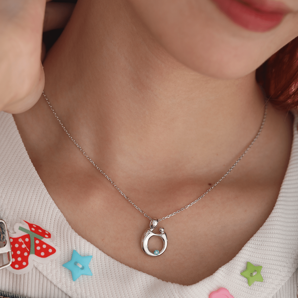 14K White Gold Mother and Child Pendant Necklace with Blue Round Lab Diamond - FIORESE JEWELRY