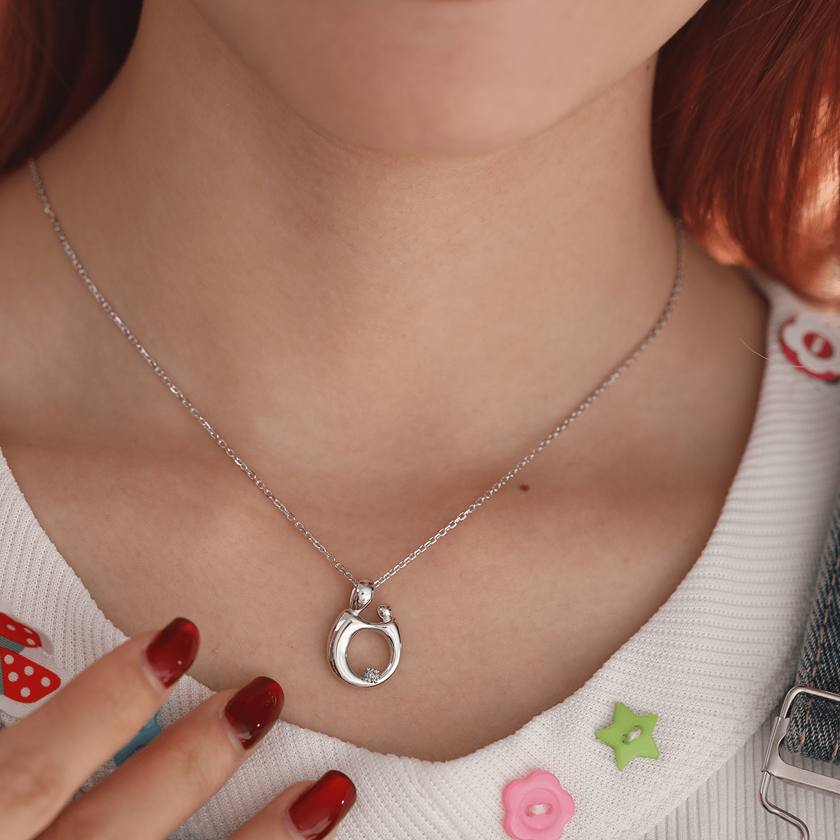 14K White Gold Mother and Child Pendant Necklace with Blue Round Lab Diamond - FIORESE JEWELRY