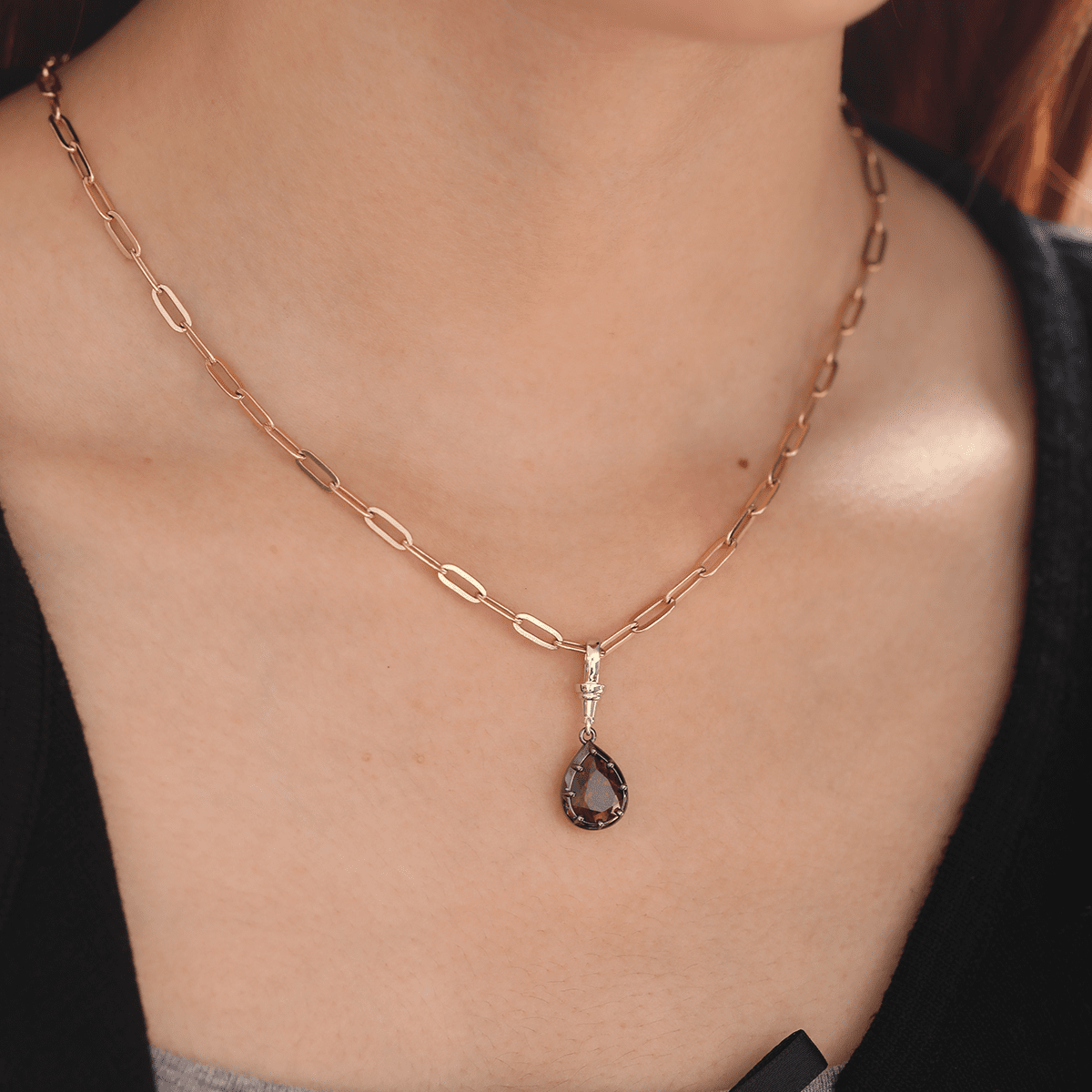 14K White Gold Necklace with 3ct Pear Shaped Lab Diamond Pendant in Black Rhodium Plated Bezel Setting - FIORESE JEWELRY