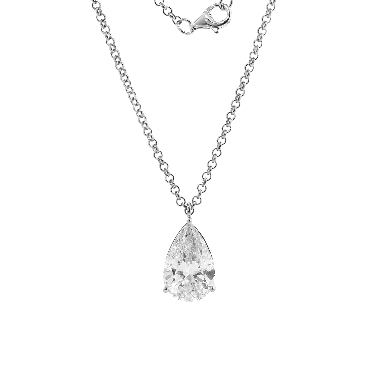 14K White Gold Necklace with 6ct Pear Shaped Lab Diamond Pendant in 3 Prong Basket Setting and Rolo Chain - FIORESE JEWELRY