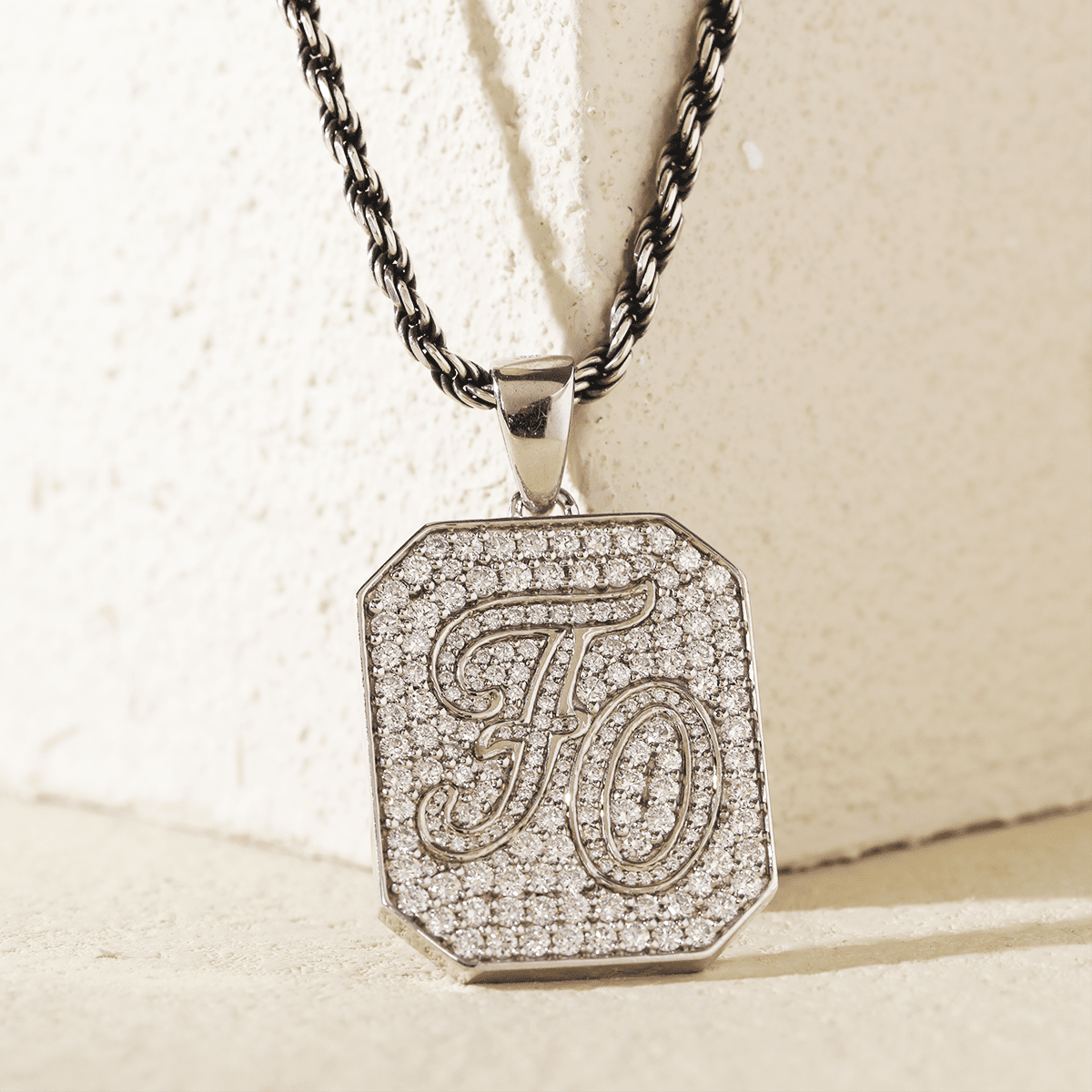 14K White Gold Palm Pendant Necklace with Round Lab Diamond Pave - FIORESE JEWELRY