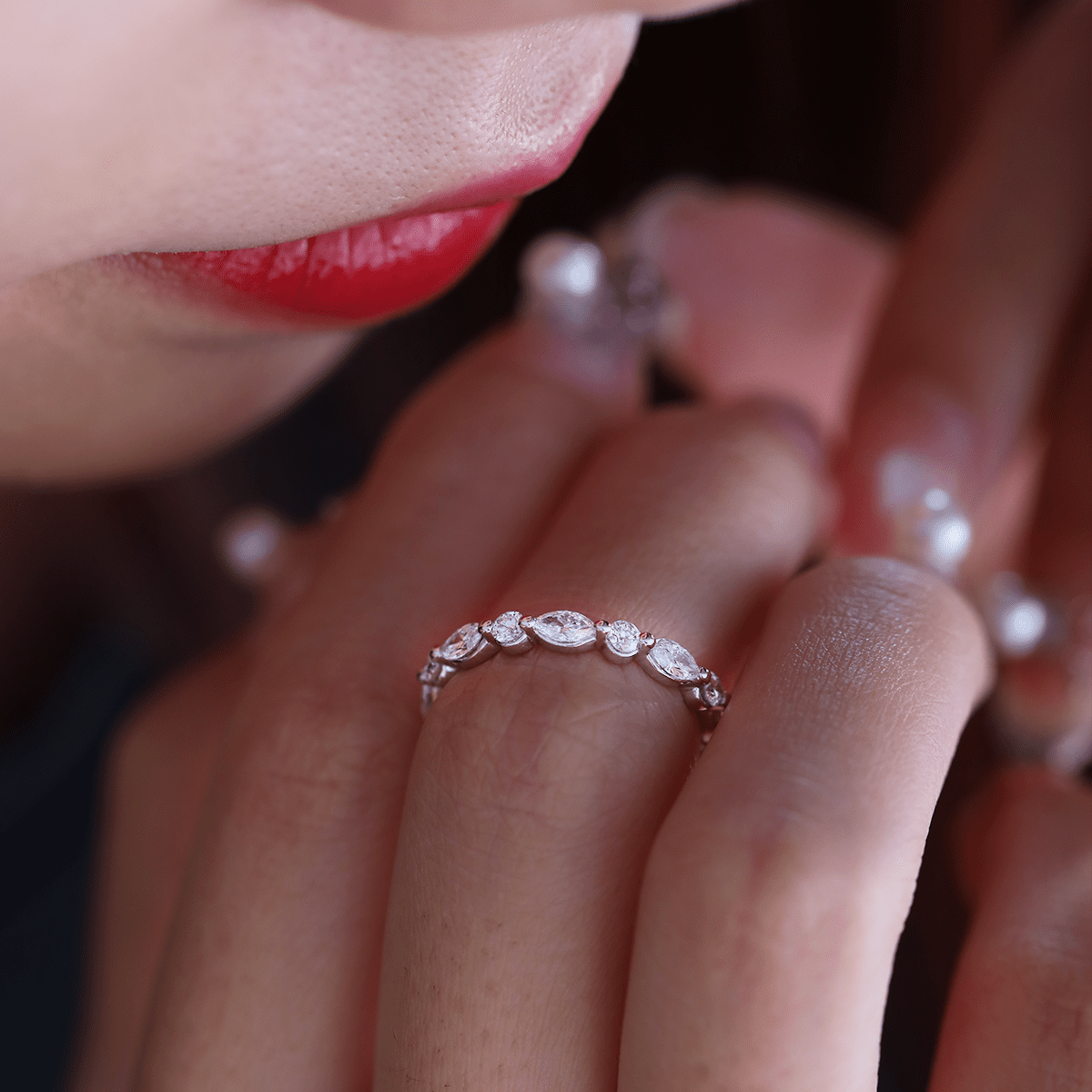 14K White Gold Round and Marquise Cut Lab Diamond Share - prong Setting Eternity Ring - FIORESE JEWELRY