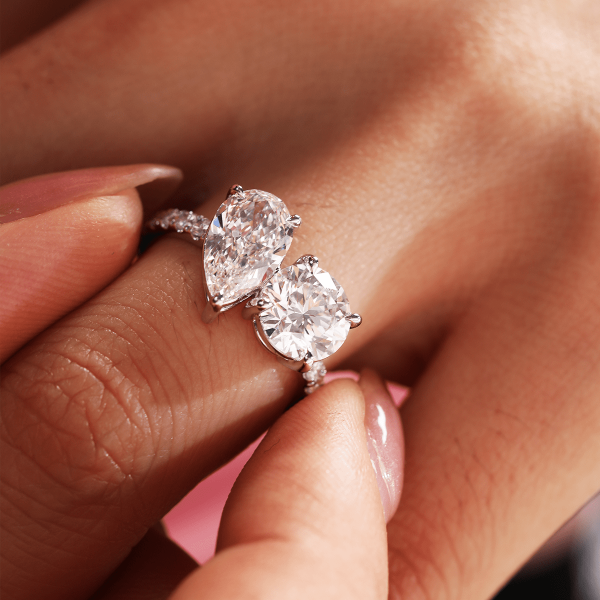14K White Gold Round and Pear Lab Diamond Toi et Moi Ring with Pave Design - FIORESE JEWELRY