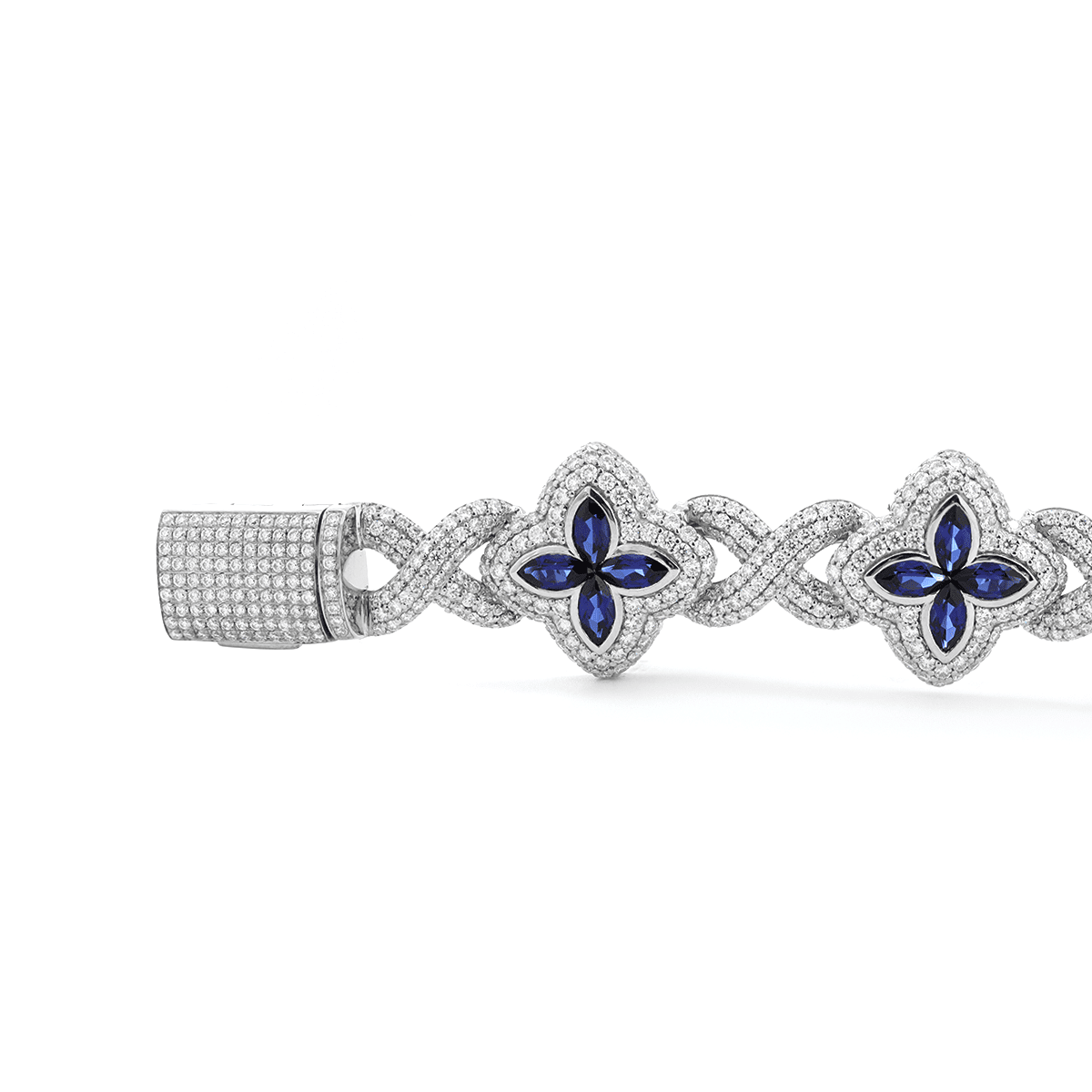 14K White Gold Round Lab Diamond Bracelet with Pear Lab Sapphire – Art Nouveau Nature - Inspired Eternal Fleur Blue Design - FIORESE JEWELRY