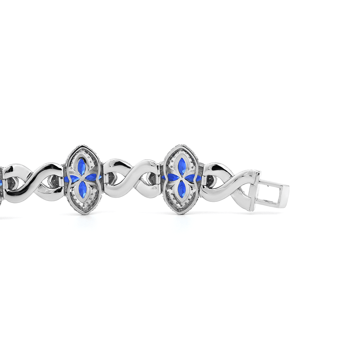 14K White Gold Round Lab Diamond Bracelet with Pear Lab Sapphire – Art Nouveau Nature - Inspired Eternal Fleur Blue Design - FIORESE JEWELRY
