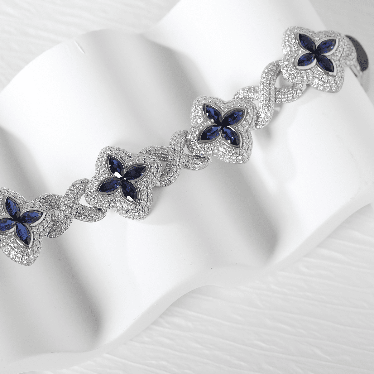 14K White Gold Round Lab Diamond Bracelet with Pear Lab Sapphire – Art Nouveau Nature - Inspired Eternal Fleur Blue Design - FIORESE JEWELRY