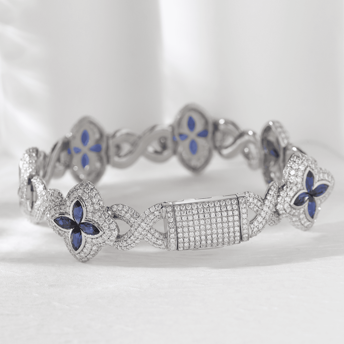 14K White Gold Round Lab Diamond Bracelet with Pear Lab Sapphire – Art Nouveau Nature - Inspired Eternal Fleur Blue Design - FIORESE JEWELRY