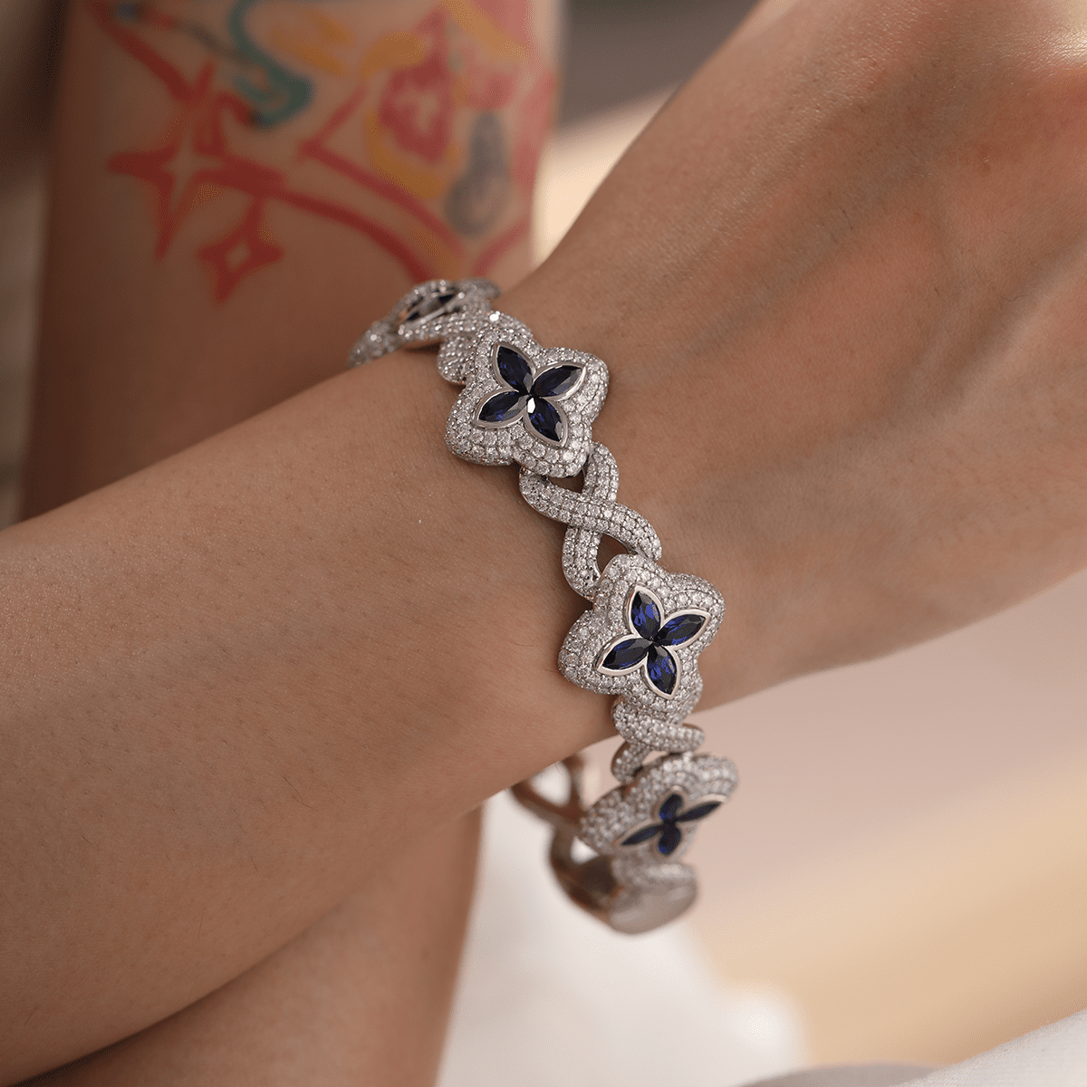 14K White Gold Round Lab Diamond Bracelet with Pear Lab Sapphire – Art Nouveau Nature - Inspired Eternal Fleur Blue Design - FIORESE JEWELRY