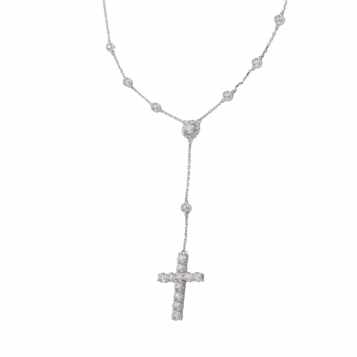 14K White Gold Round Lab Diamond Cross Necklace - FIORESE JEWELRY