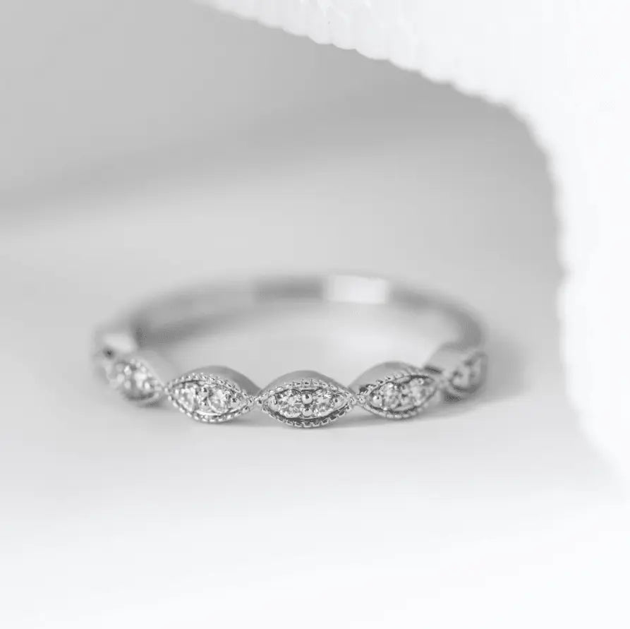 14K White Gold Round Lab Diamond Millegrain Wedding Ring - FIORESE JEWELRY