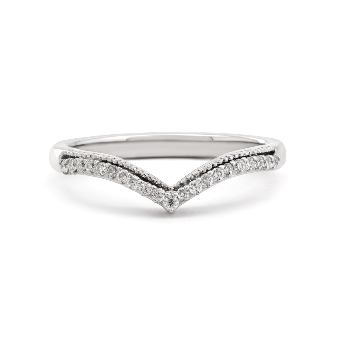 14K White Gold Round Lab Diamond V - shape Millegrain Wedding Ring - FIORESE JEWELRY