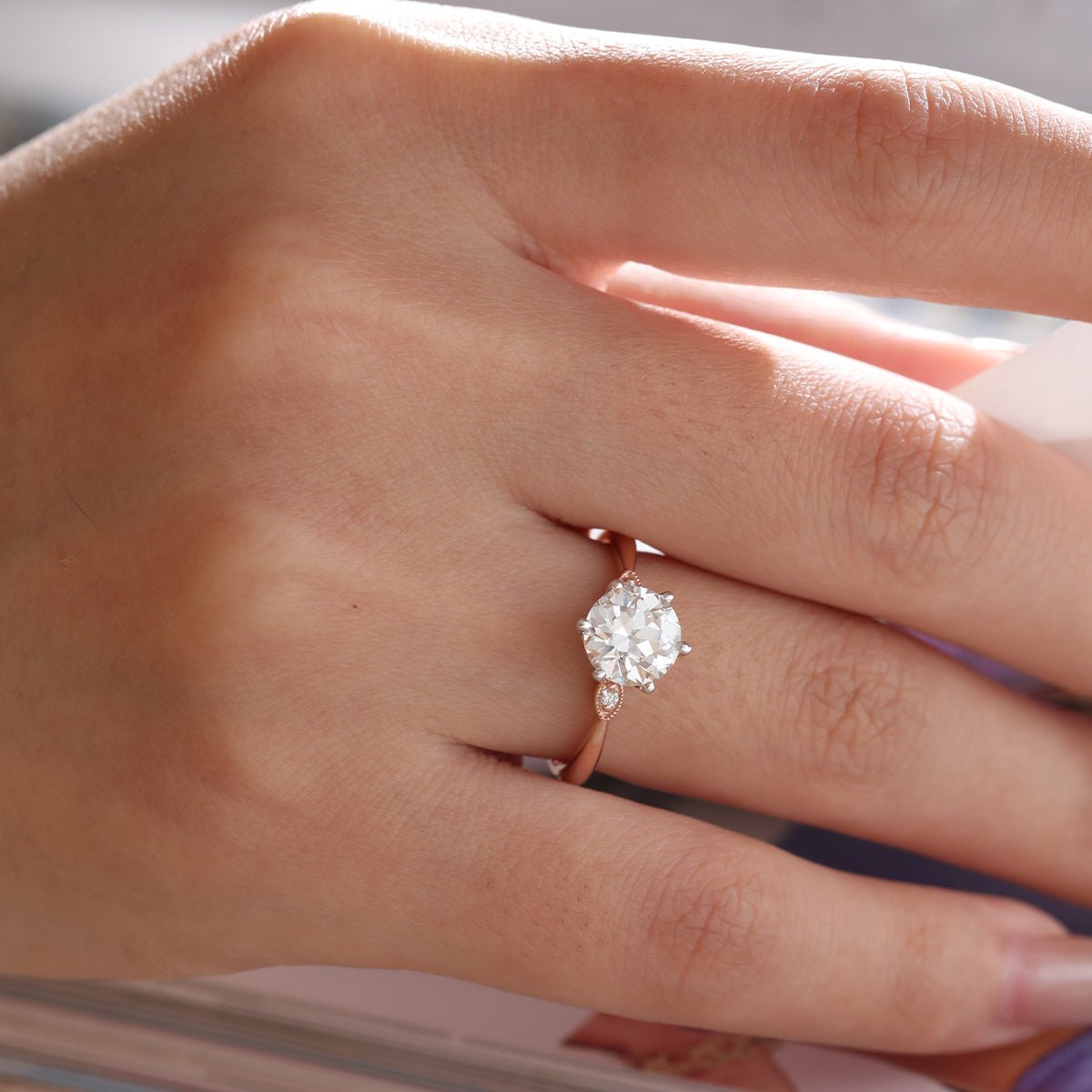 14K White & Rose Gold Old European Cut Diamond Three Stone Oval Elongated Cushion Cut Engagement Rings - FIORESE JEWELRY