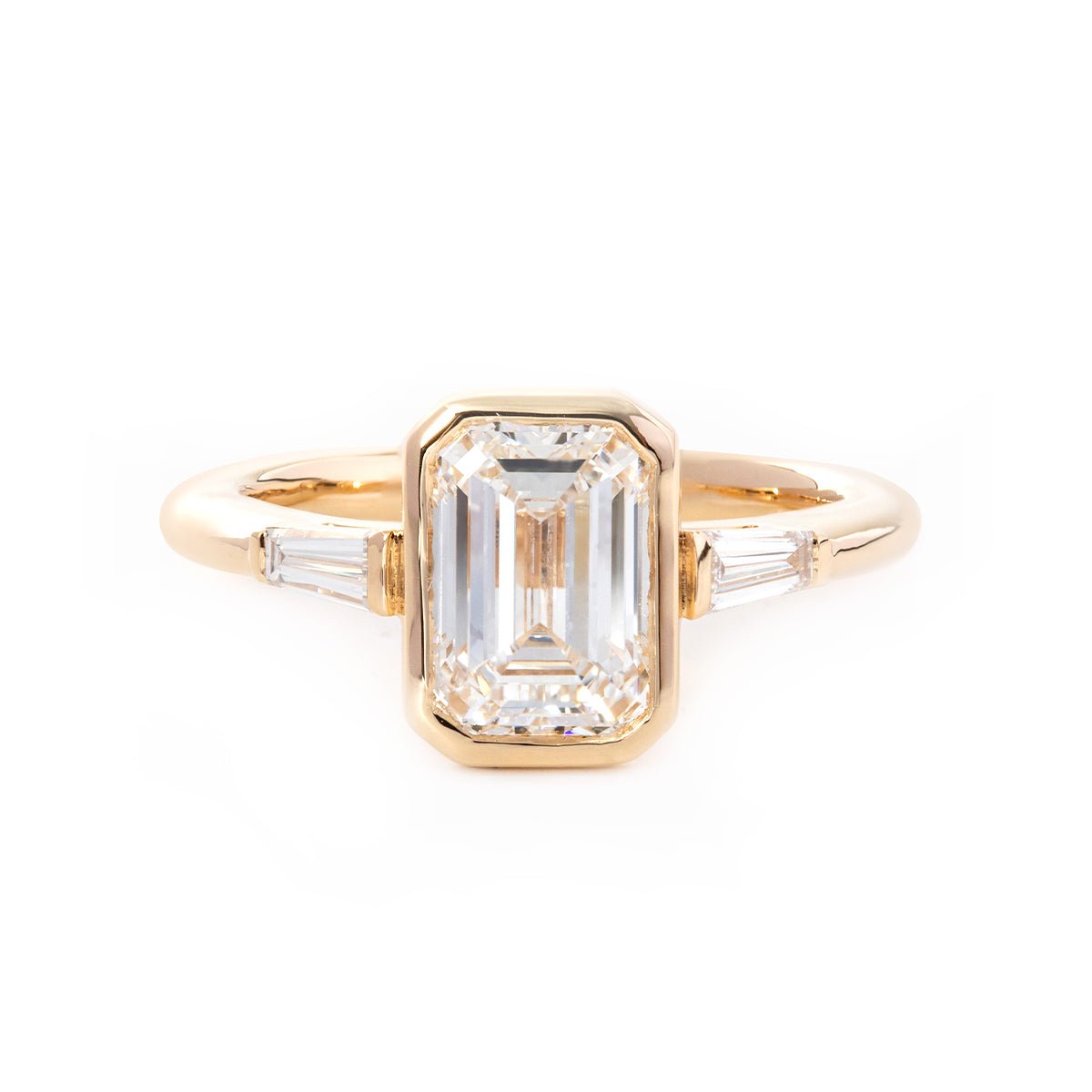 14K Yellow Gold 1.5ct Emerald Cut Lab Diamond Elongated Trapezoid Cut Three - stone Bezel Engagement Ring - FIORESE JEWELRY