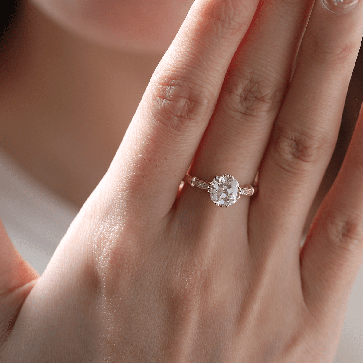 14K Yellow Gold 1.5ct Old Mine Cut Lab Grown Diamond Triple Prong Floral Basket Setting Vintage Ring – Art Nouveau Nature - Inspired Design - FIORESE JEWELRY