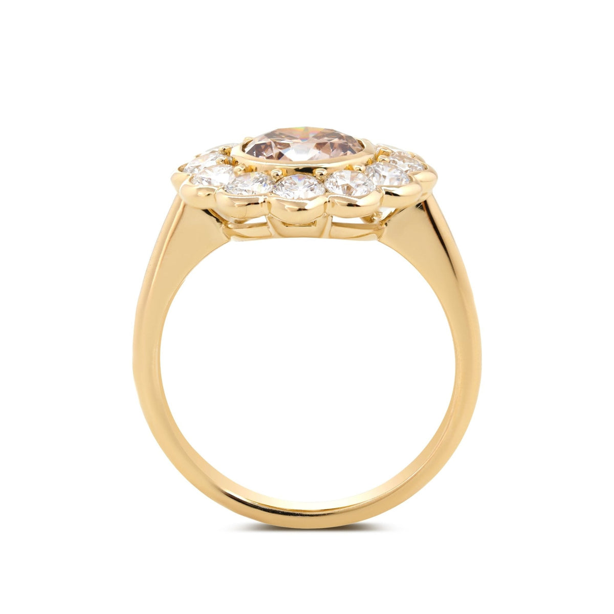 14K Yellow Gold 1.5ct Round Cut Light Brown Lab Diamond Bezel Ring with Roound Lab Diamond Halo - FIORESE JEWELRY