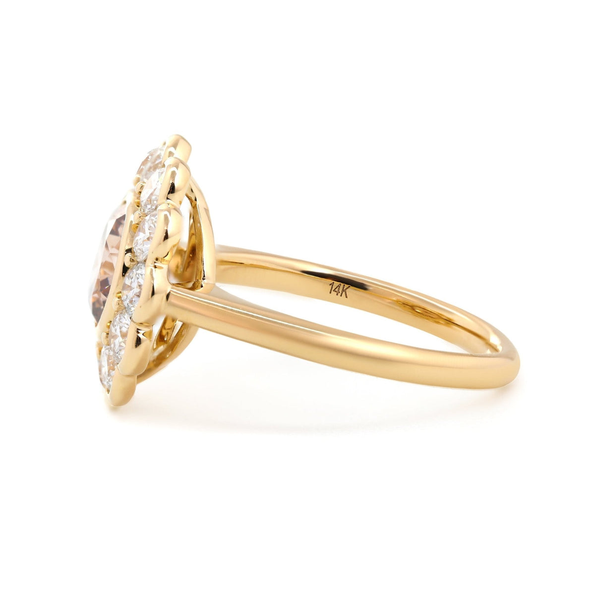 14K Yellow Gold 1.5ct Round Cut Light Brown Lab Diamond Bezel Ring with Roound Lab Diamond Halo - FIORESE JEWELRY