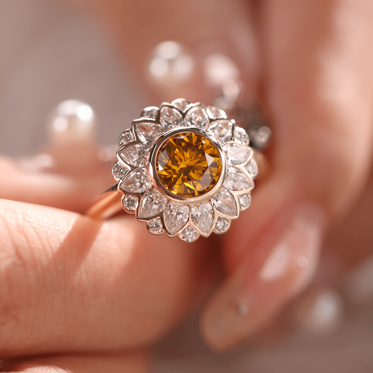 14K Yellow Gold 1.5ct Round Cut Yellow Lab Diamond Nature - Inspired Sunflower Halo Ring - FIORESE JEWELRY