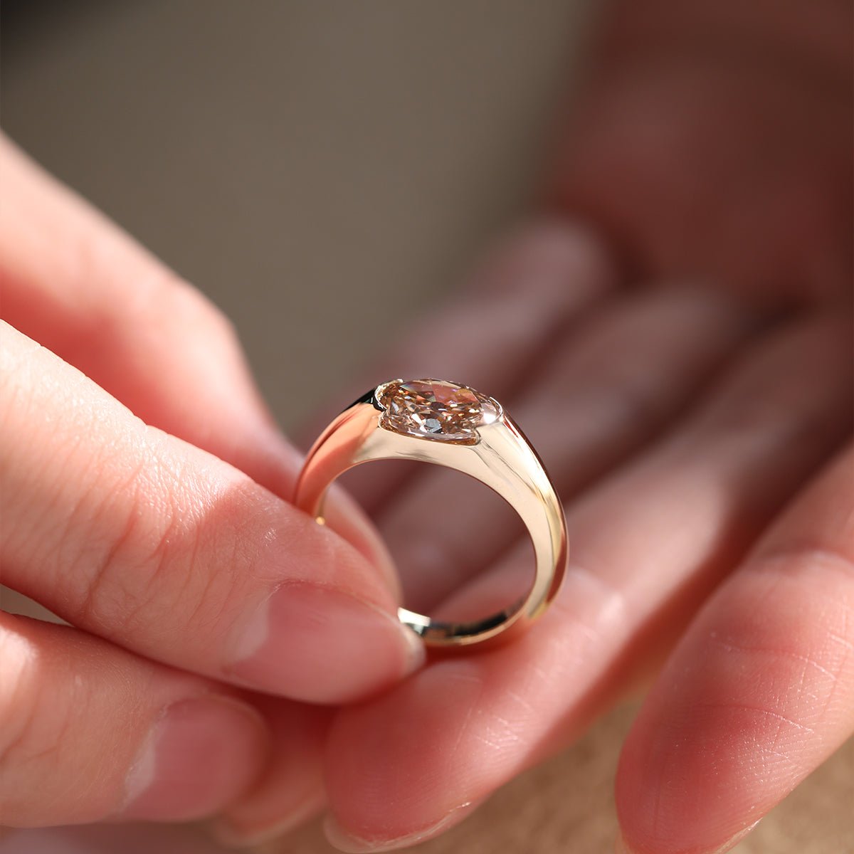 14K Yellow Gold 1.7ct Oval Champagne Color Old Mine Cut Lab Diamond Solitaire Hale Bezel Ring - FIORESE JEWELRY