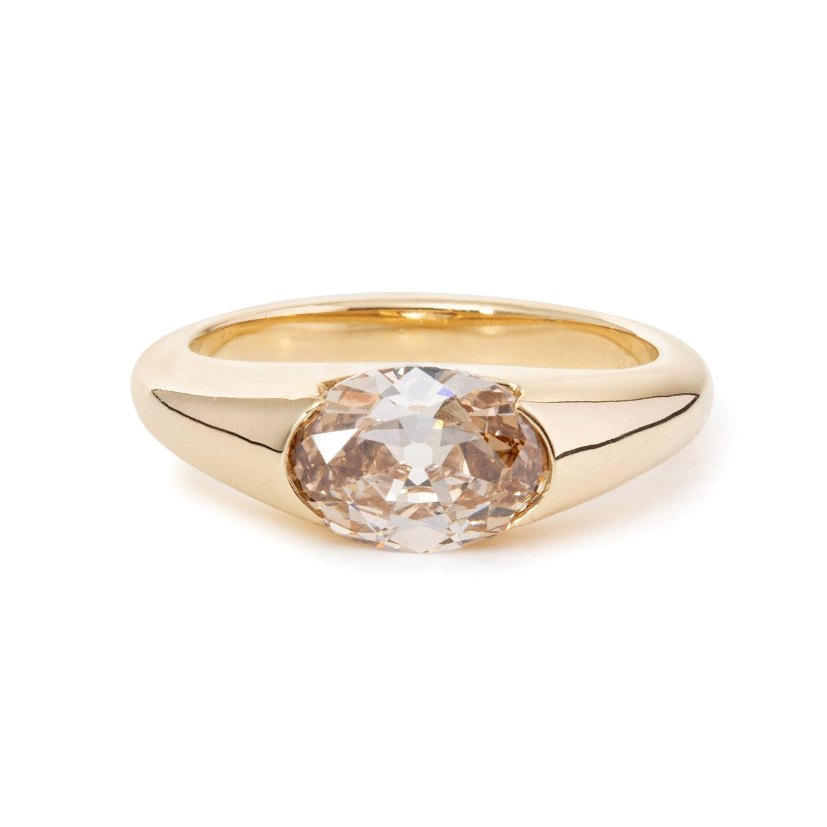 14K Yellow Gold 1.7ct Oval Champagne Color Old Mine Cut Lab Diamond Solitaire Hale Bezel Ring - FIORESE JEWELRY