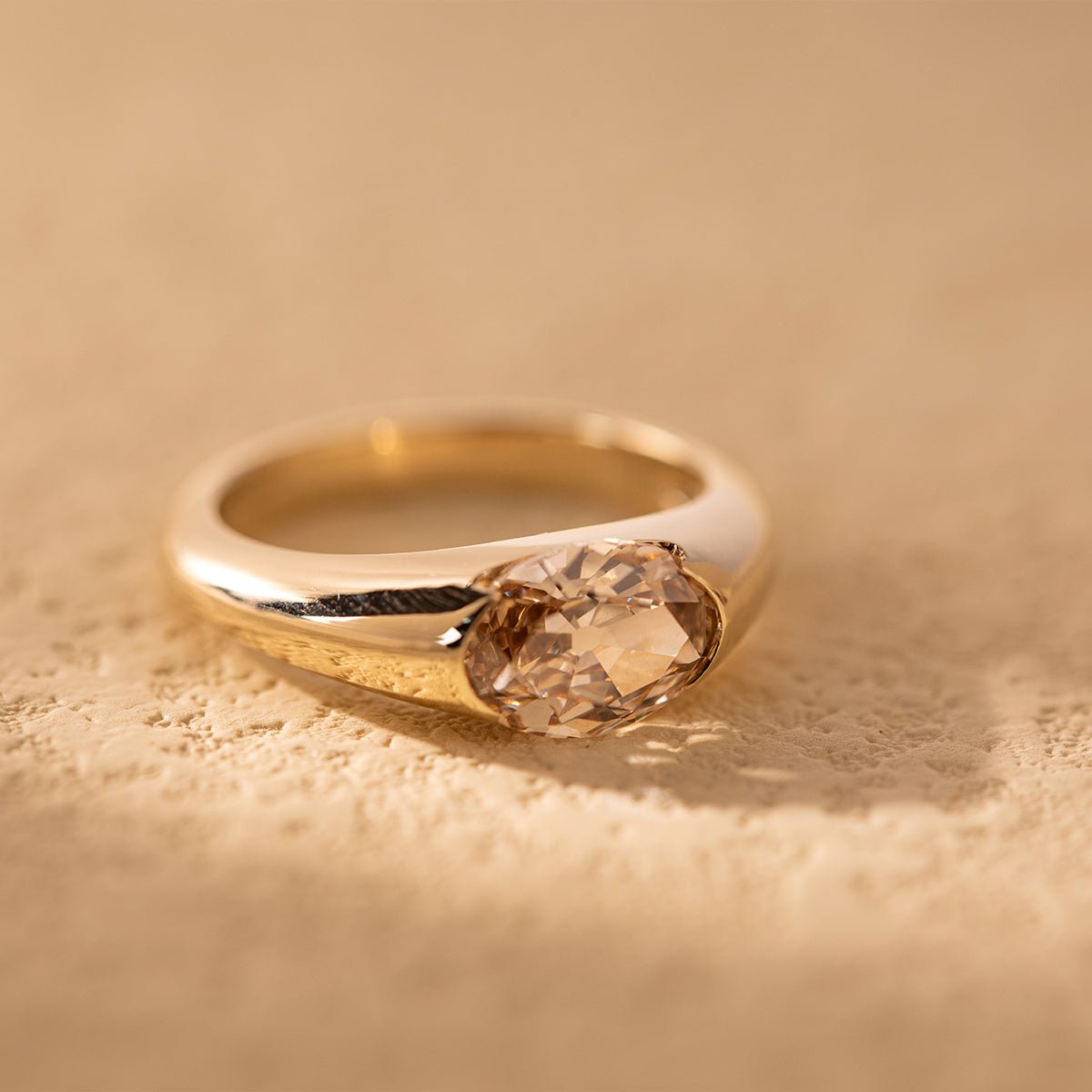 14K Yellow Gold 1.7ct Oval Champagne Color Old Mine Cut Lab Diamond Solitaire Hale Bezel Ring - FIORESE JEWELRY