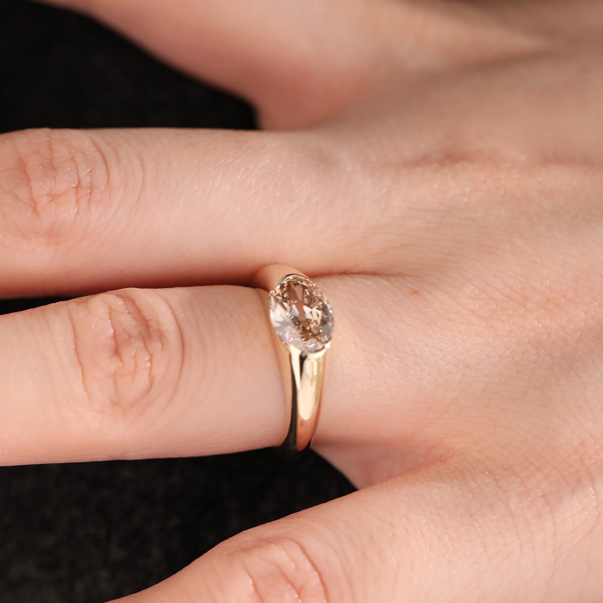 14K Yellow Gold 1.7ct Oval Champagne Color Old Mine Cut Lab Diamond Solitaire Hale Bezel Ring - FIORESE JEWELRY