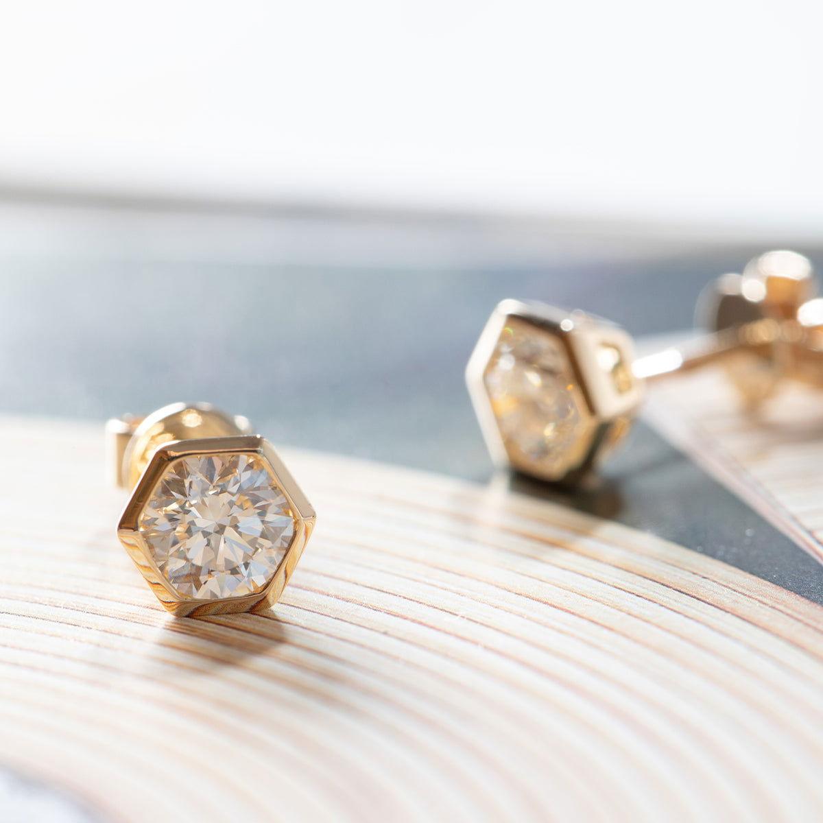 14K Yellow Gold 2 ct tw Round Brilliant Cut Lab Diamond Hexagon Bezel Setting Stud Earrings - FIORESE JEWELRY