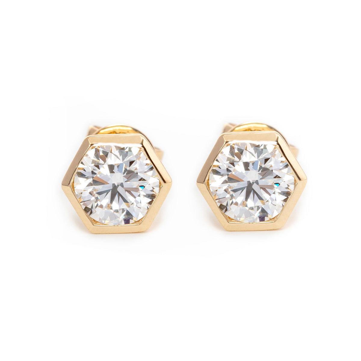 14K Yellow Gold 2 ct tw Round Brilliant Cut Lab Diamond Hexagon Bezel Setting Stud Earrings - FIORESE JEWELRY