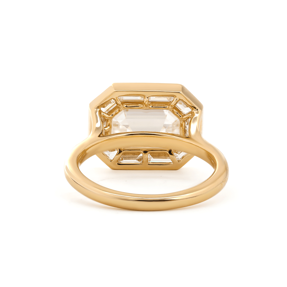 14K Yellow Gold 2.5ct Antique Emerald Cut Lab Diamond Ring with Tapered Step Cut Lab Diamond Halo - FIORESE JEWELRY