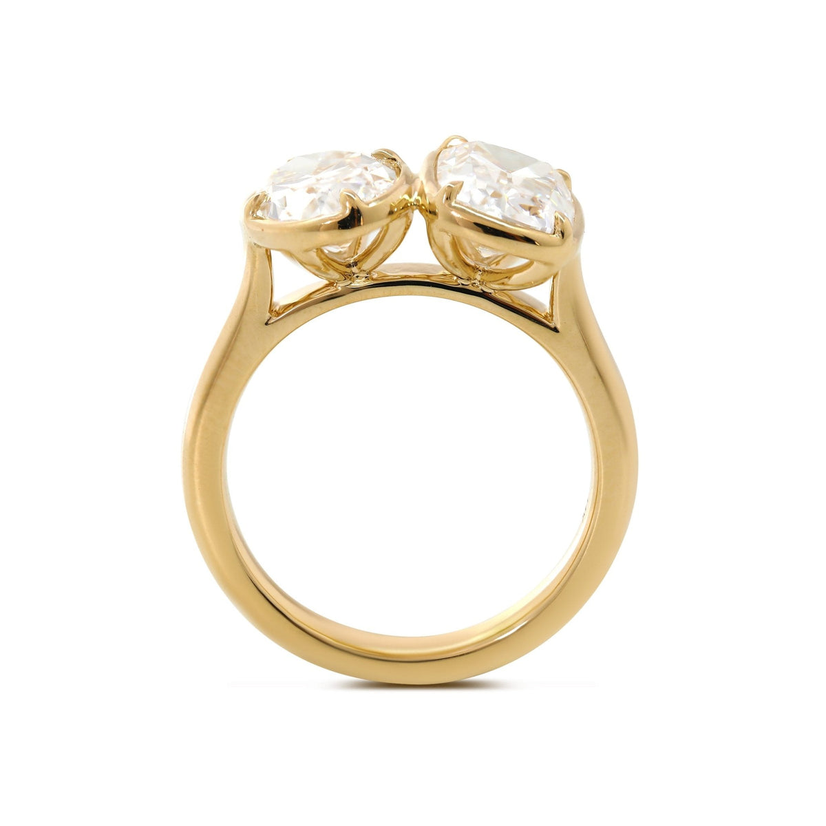 14K Yellow Gold 2.5ct Elongated Old Mine Cut and 2ct Oval Old Mine Cut Lab Diamond Prong Bezel Toi et Moi Ring - FIORESE JEWELRY