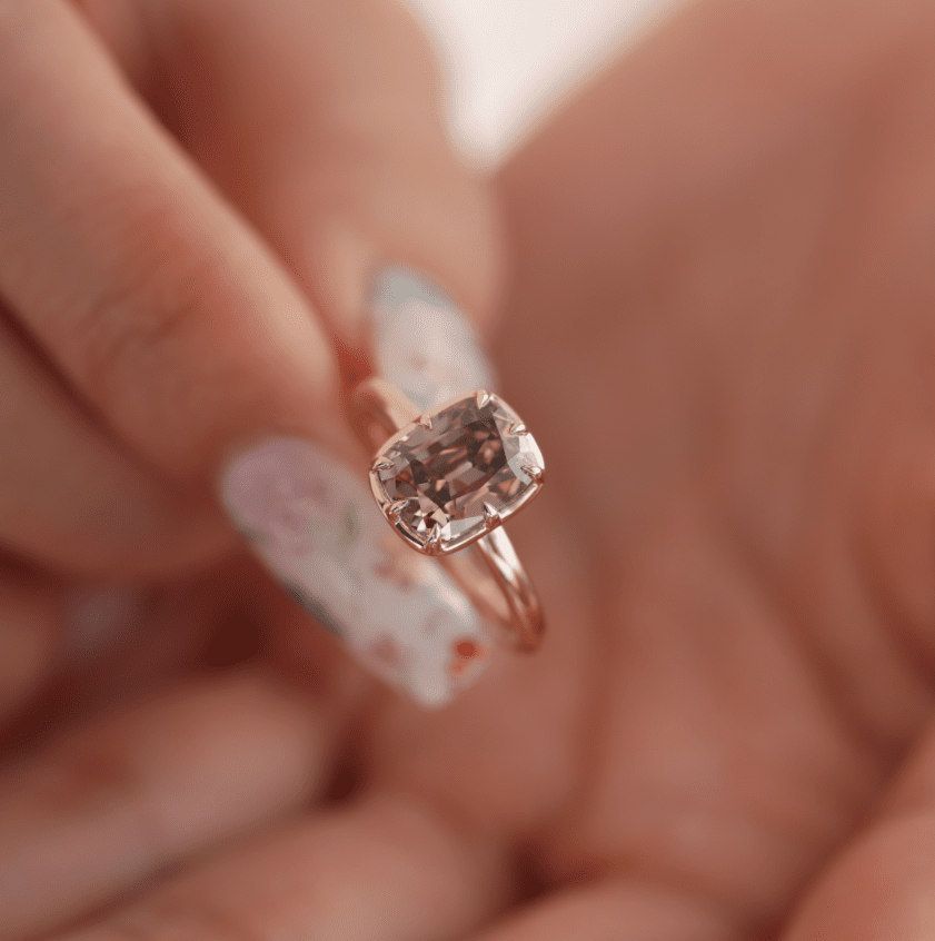 14K Yellow Gold 2.5ct Elongated Old Mine Cut Brown Lab Diamond 8 Claw Prongs Basket Solitaire Ring - FIORESE JEWELRY