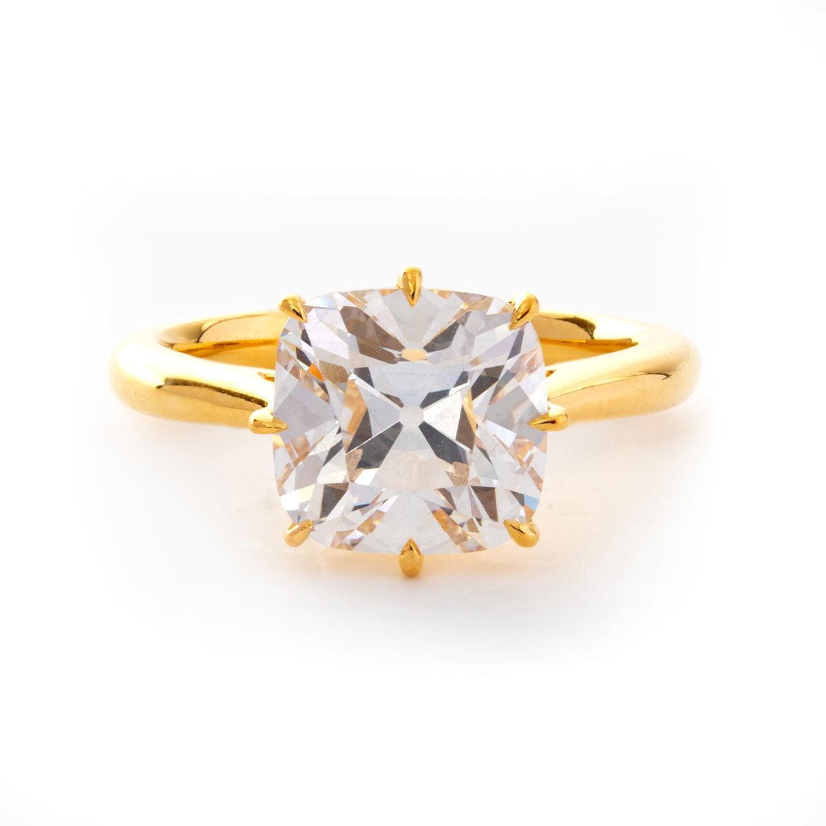 14k Yellow Gold 2.5ct Old Mine Cut Cushion Lab Diamond 8 Prongs Basket Solitaire Ring - FIORESE JEWELRY