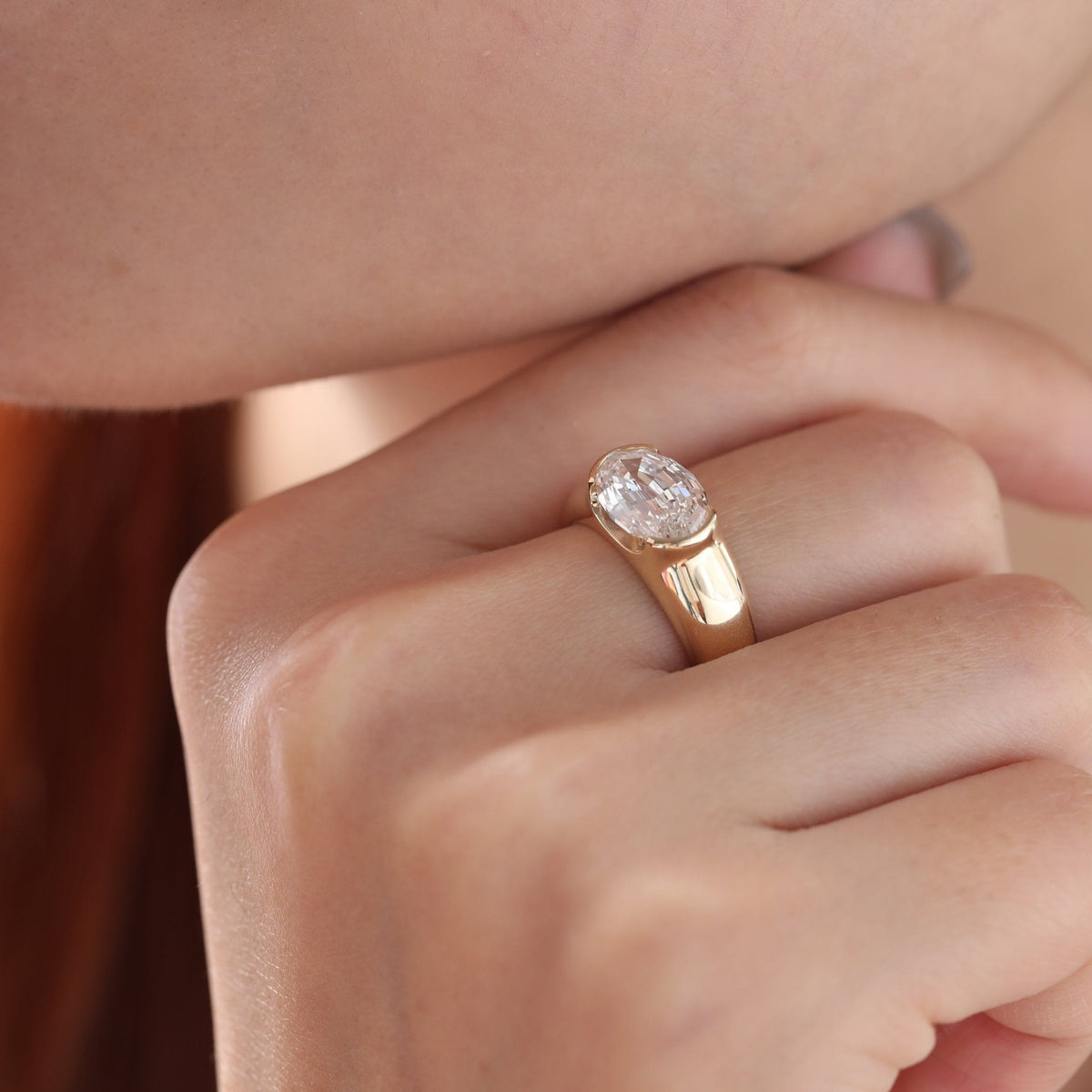 14K Yellow Gold 2.5ct Oval Step Cut Lab Diamond Half Bezel Ring with Tapered Band Design - FIORESE JEWELRY