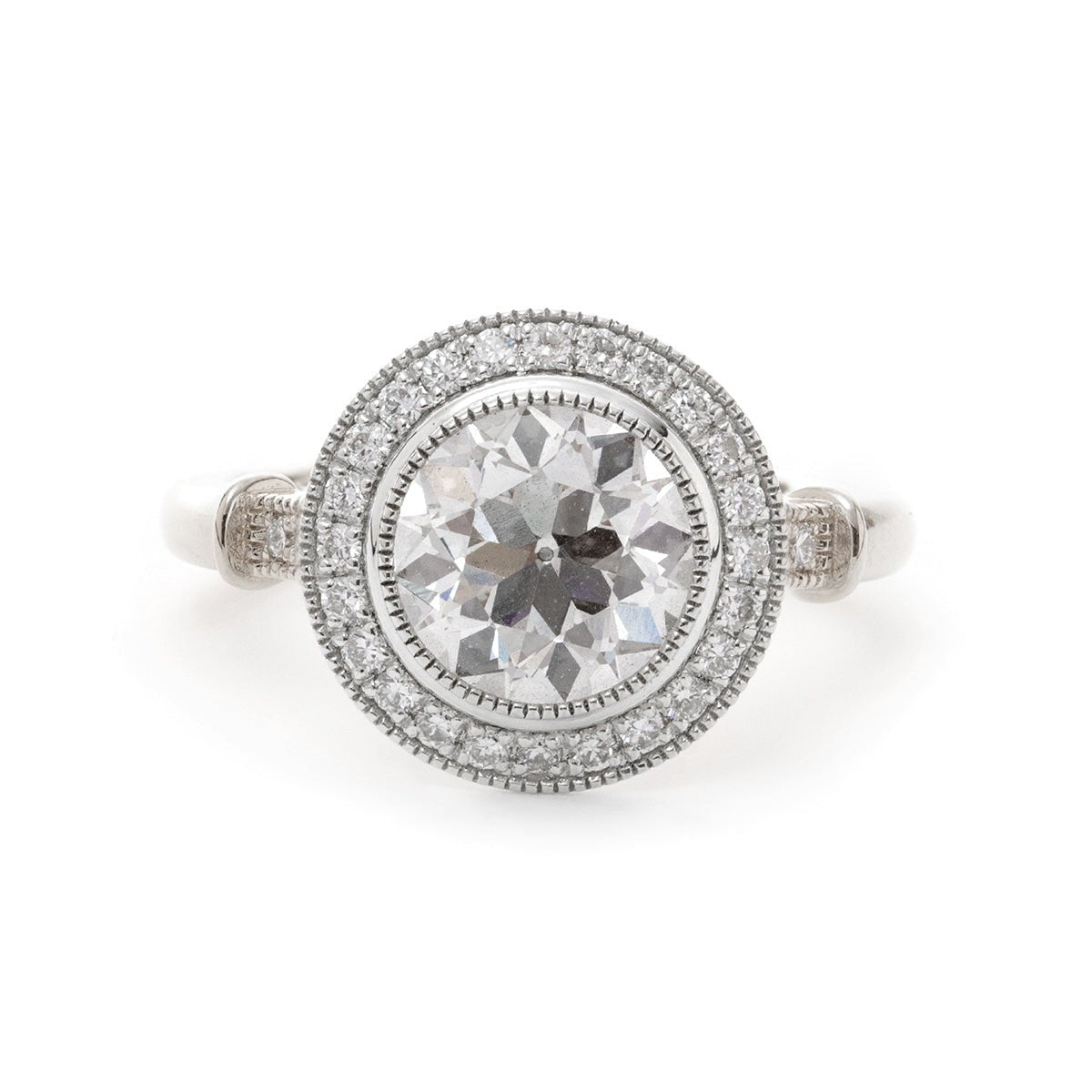 14K Yellow Gold 2ct Old European Cut Lab Diamond Miillegrain Vintage Ring with a 14K White Gold Round Diamond Halo - FIORESE JEWELRY