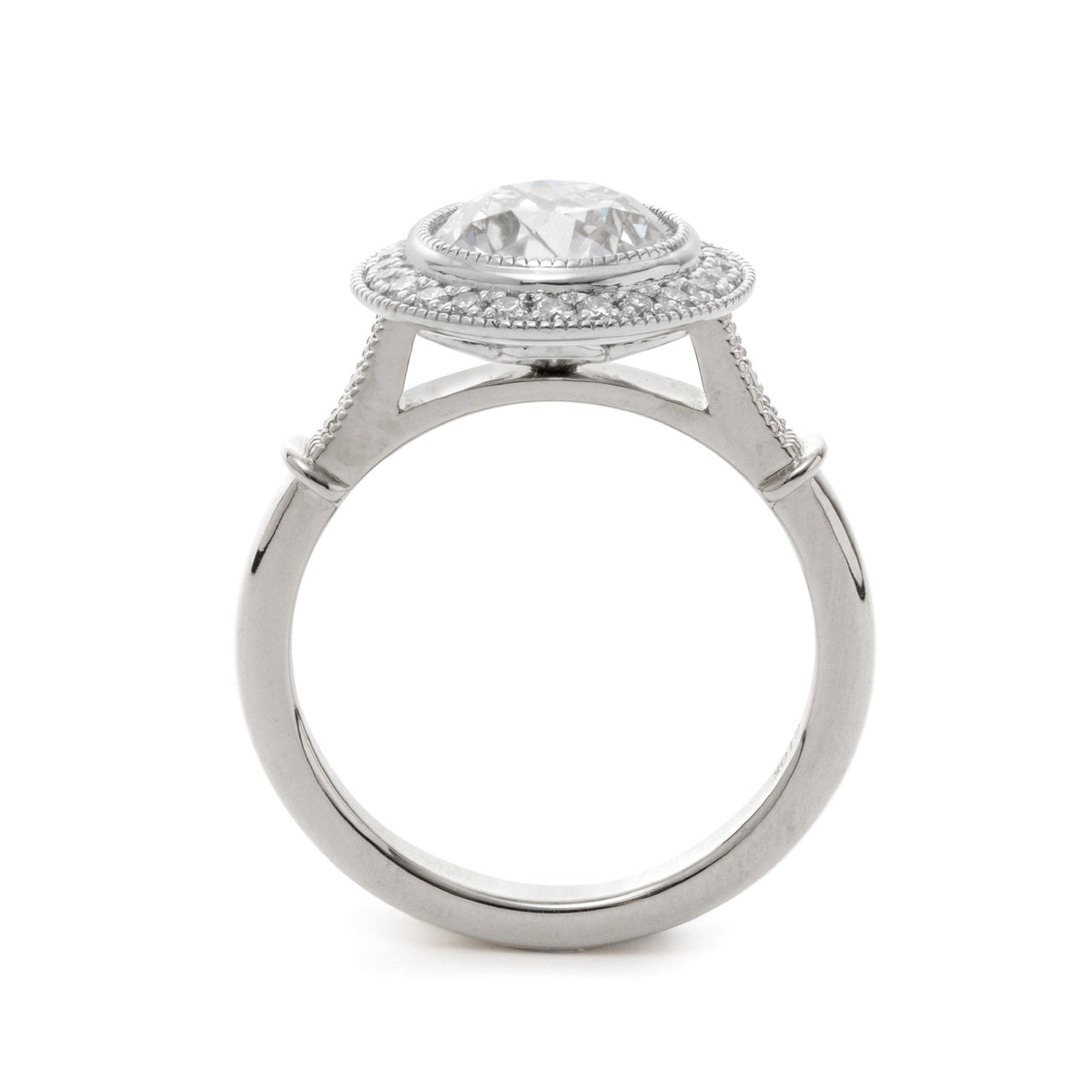14K Yellow Gold 2ct Old European Cut Lab Diamond Miillegrain Vintage Ring with a 14K White Gold Round Diamond Halo - FIORESE JEWELRY