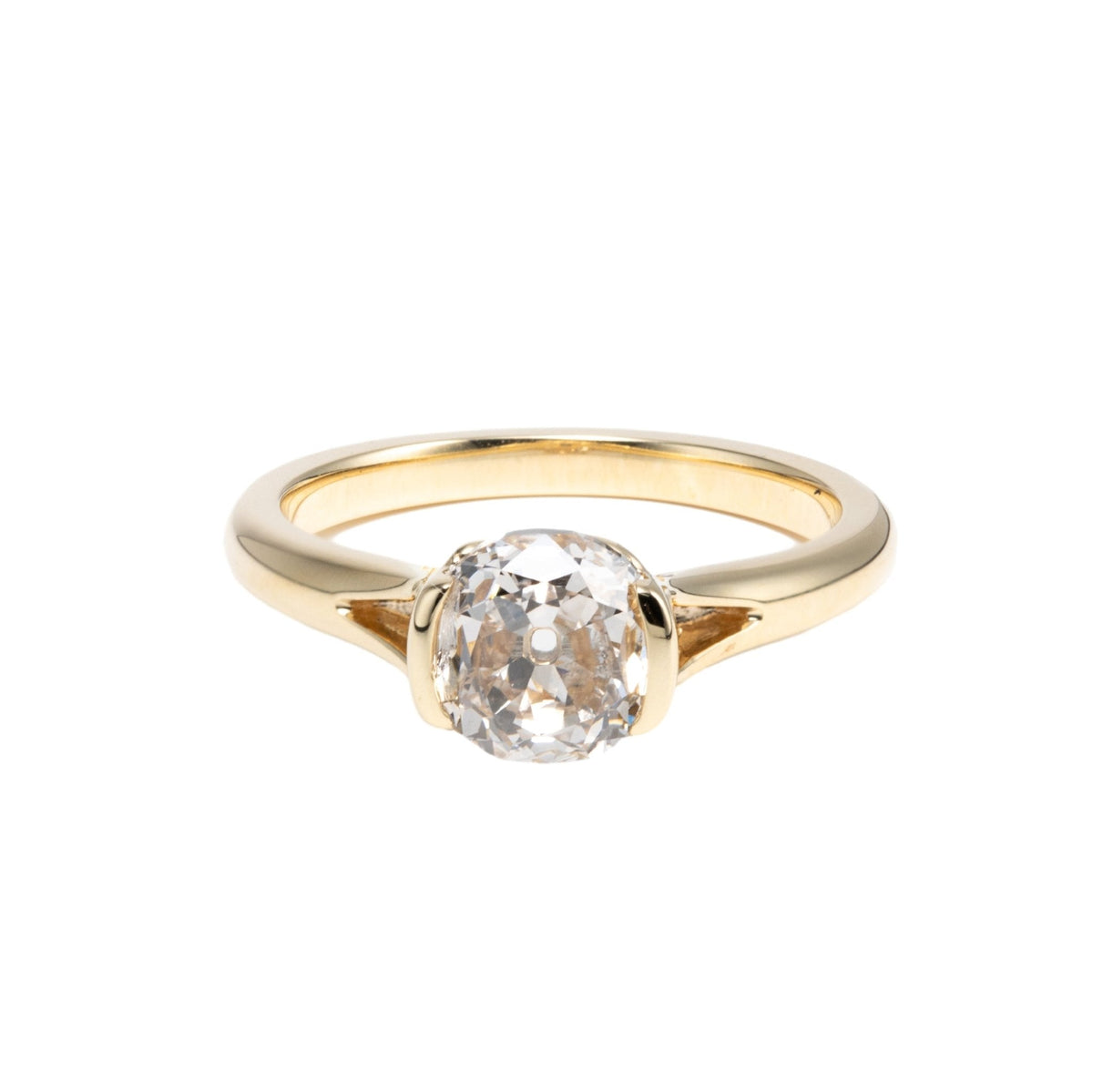 14K Yellow Gold 2ct Old Mine Cut Lab Diamond Half Bezel Ring with Knot Design - FIORESE JEWELRY