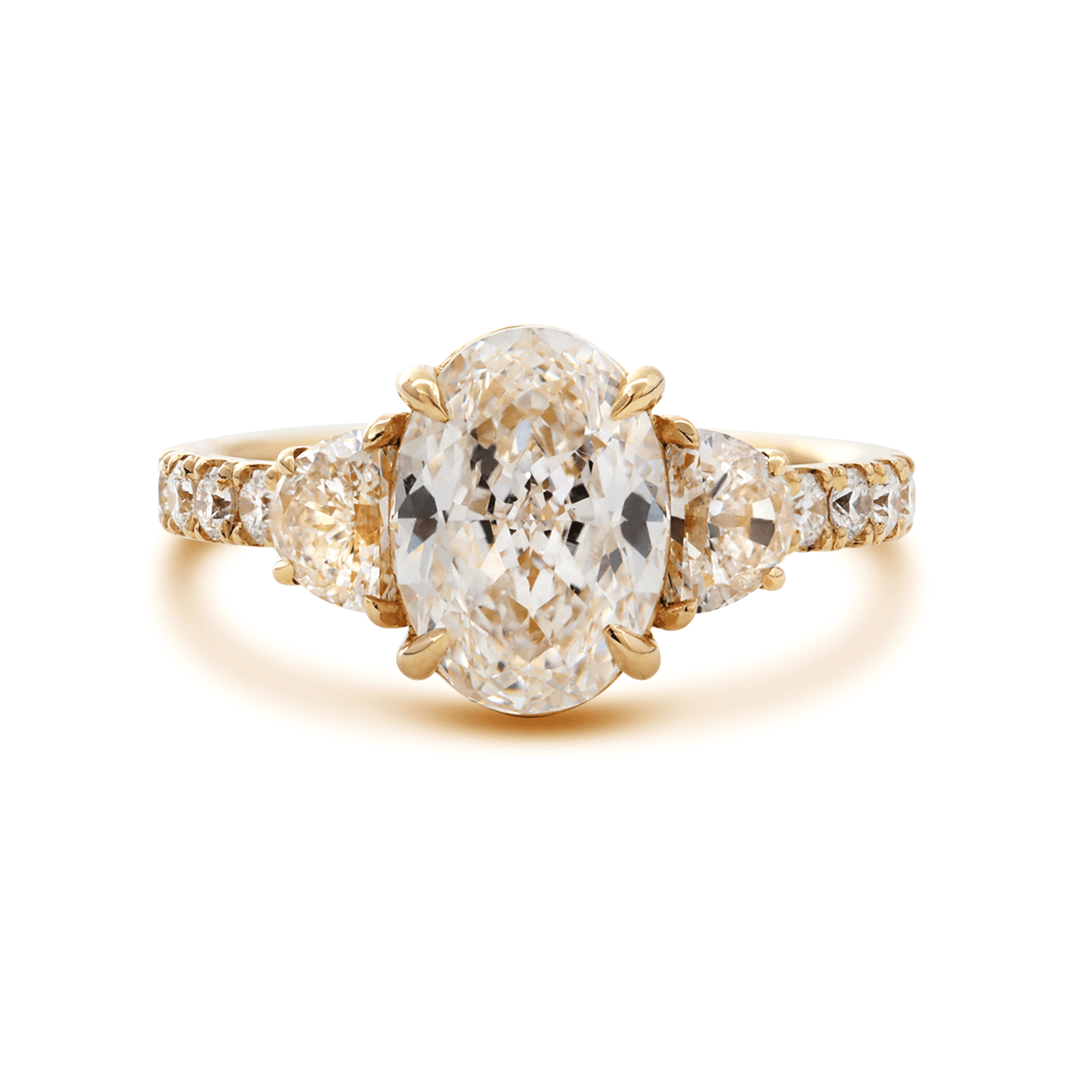 14K Yellow Gold 2ct Oval Lab Diamond Vintage Ring with Half Moon and Round Lab Diamond Side - stones Pave - FIORESE JEWELRY