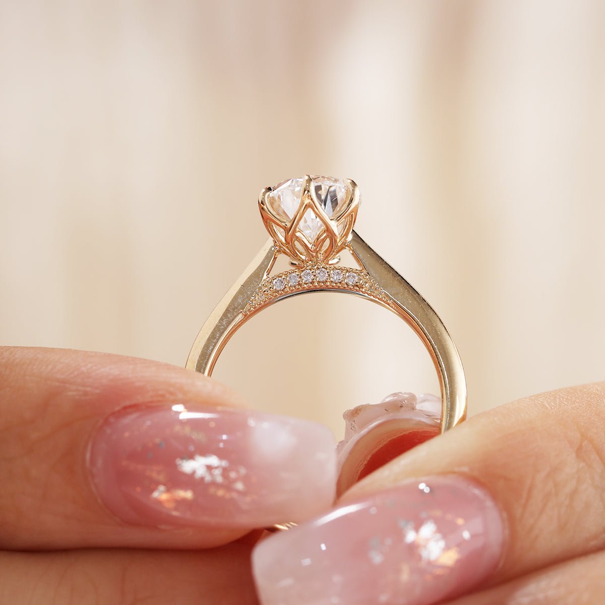 14K Yellow Gold 2ct Pear Cut Lab Diamond 6 Claw Prongs Floral Basket Ring with Hidden Round Diamond Millegrain Pave - FIORESE JEWELRY