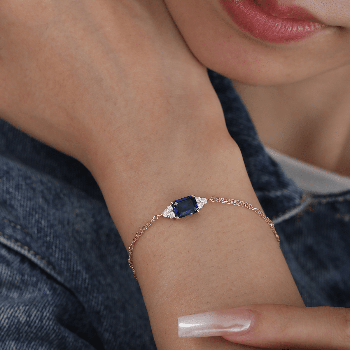 14K Yellow Gold 2ct Royal Blue Lab Sapphire Chain Bracelet with Round Lab Diamond Side - stones - FIORESE JEWELRY