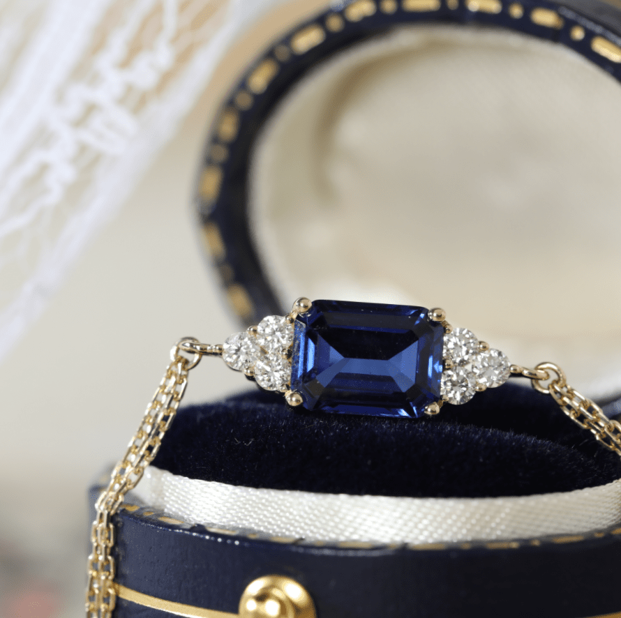 14K Yellow Gold 2ct Royal Blue Lab Sapphire Chain Bracelet with Round Lab Diamond Side - stones - FIORESE JEWELRY