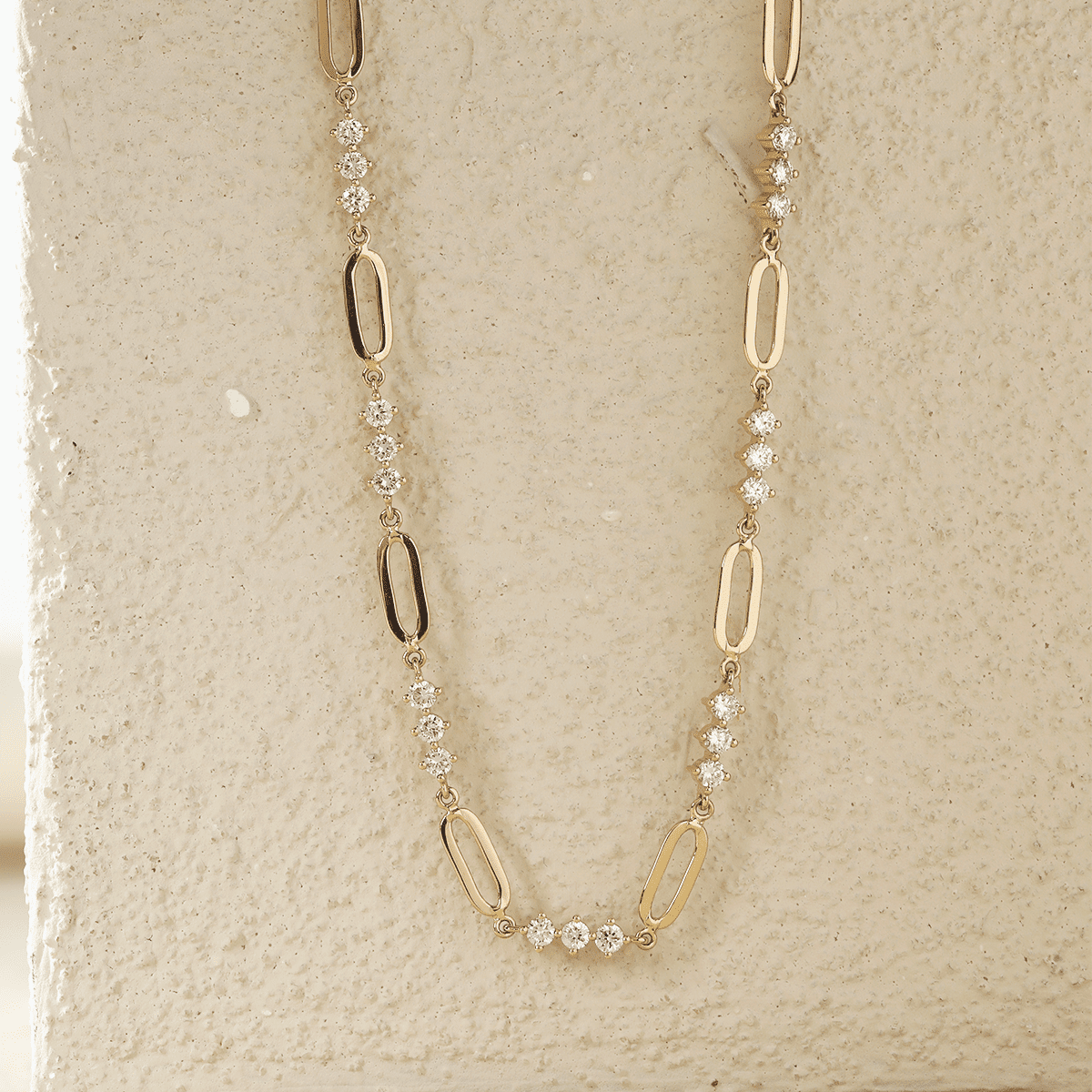 14K Yellow Gold 2mm Round Lab Diamond Cross Squashed Chain Station Necklace - FIORESE JEWELRY