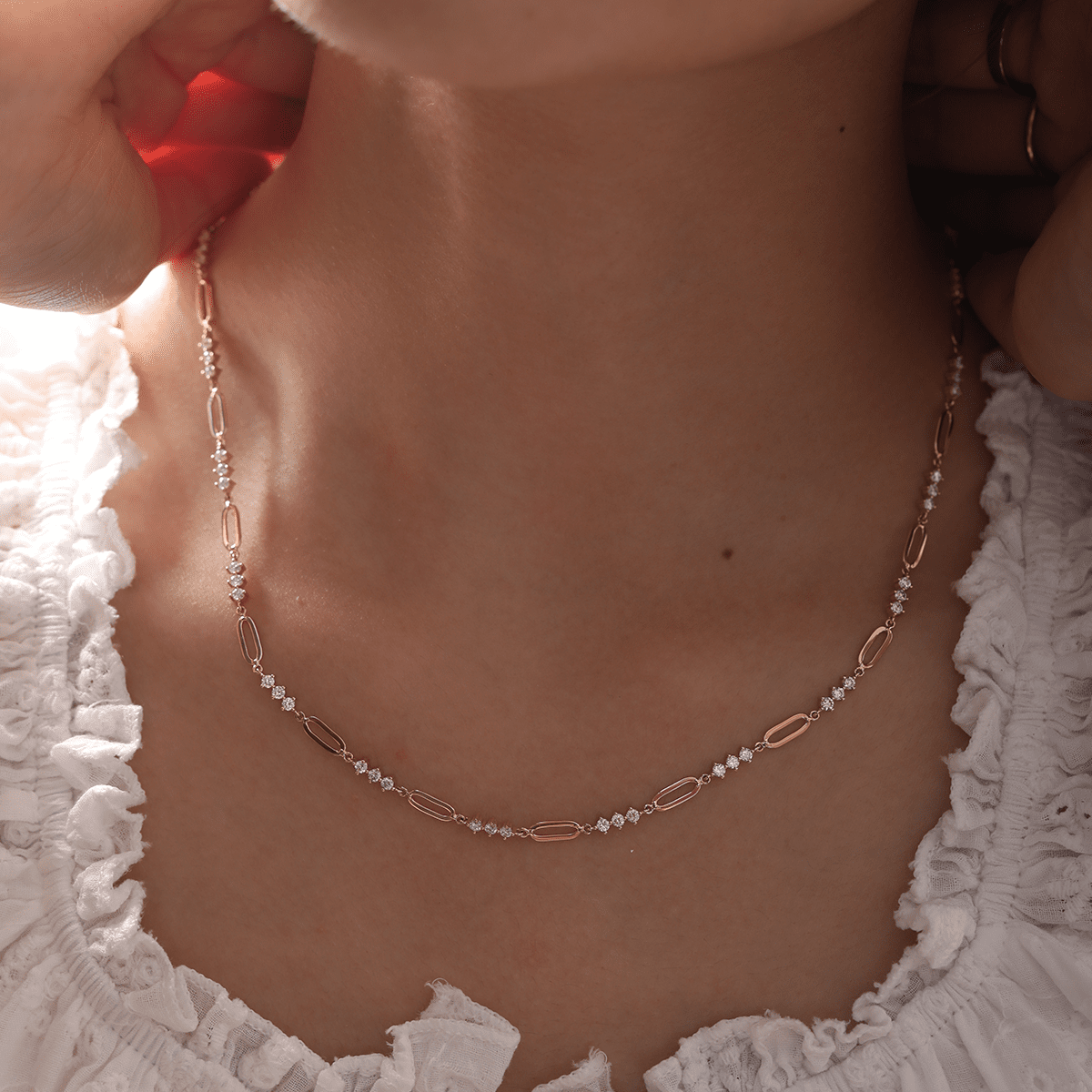 14K Yellow Gold 2mm Round Lab Diamond Cross Squashed Chain Station Necklace - FIORESE JEWELRY