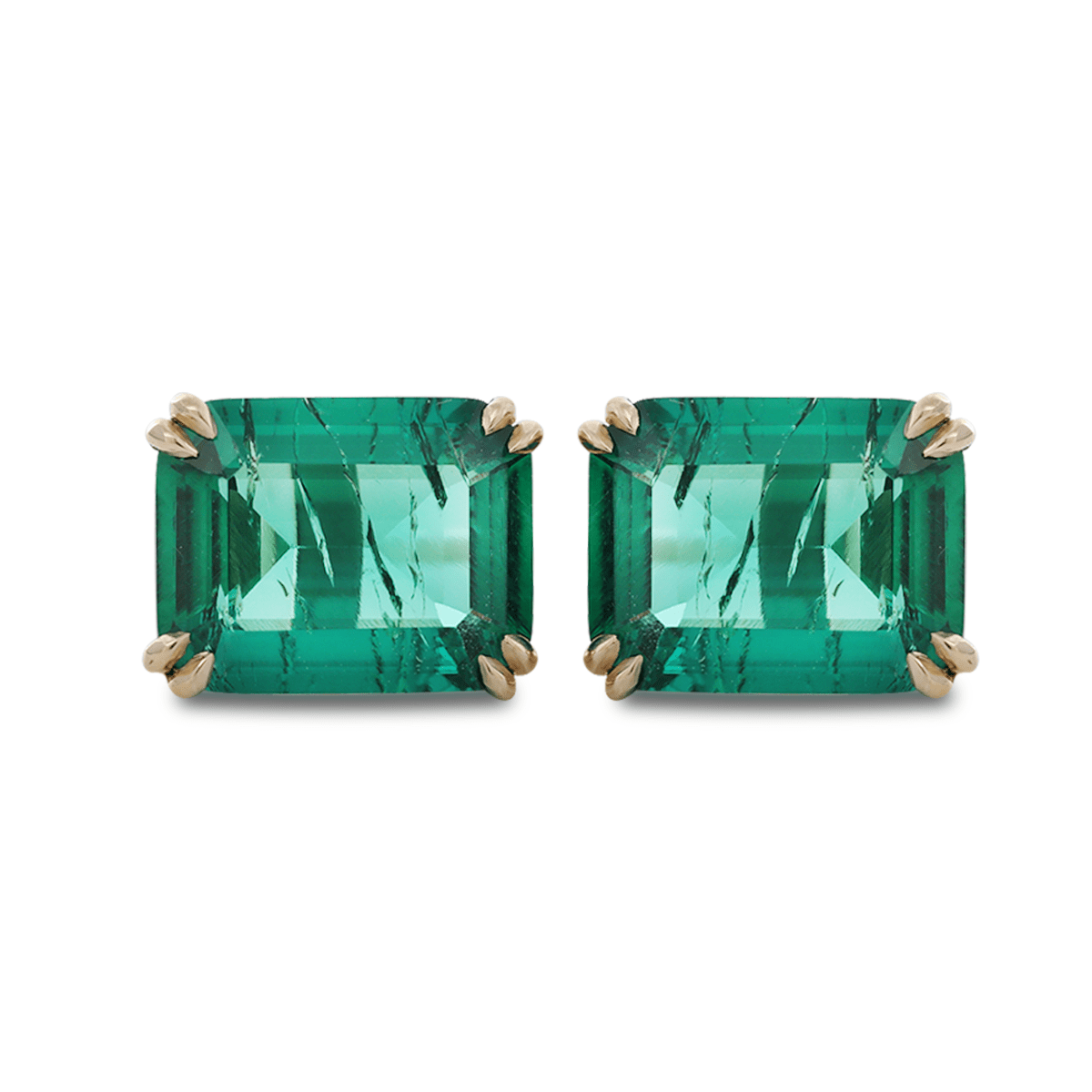 14K Yellow Gold 3.5 ct tw Zambian Lab Emerald Double Claw Prong Basket Stud Earrings - FIORESE JEWELRY